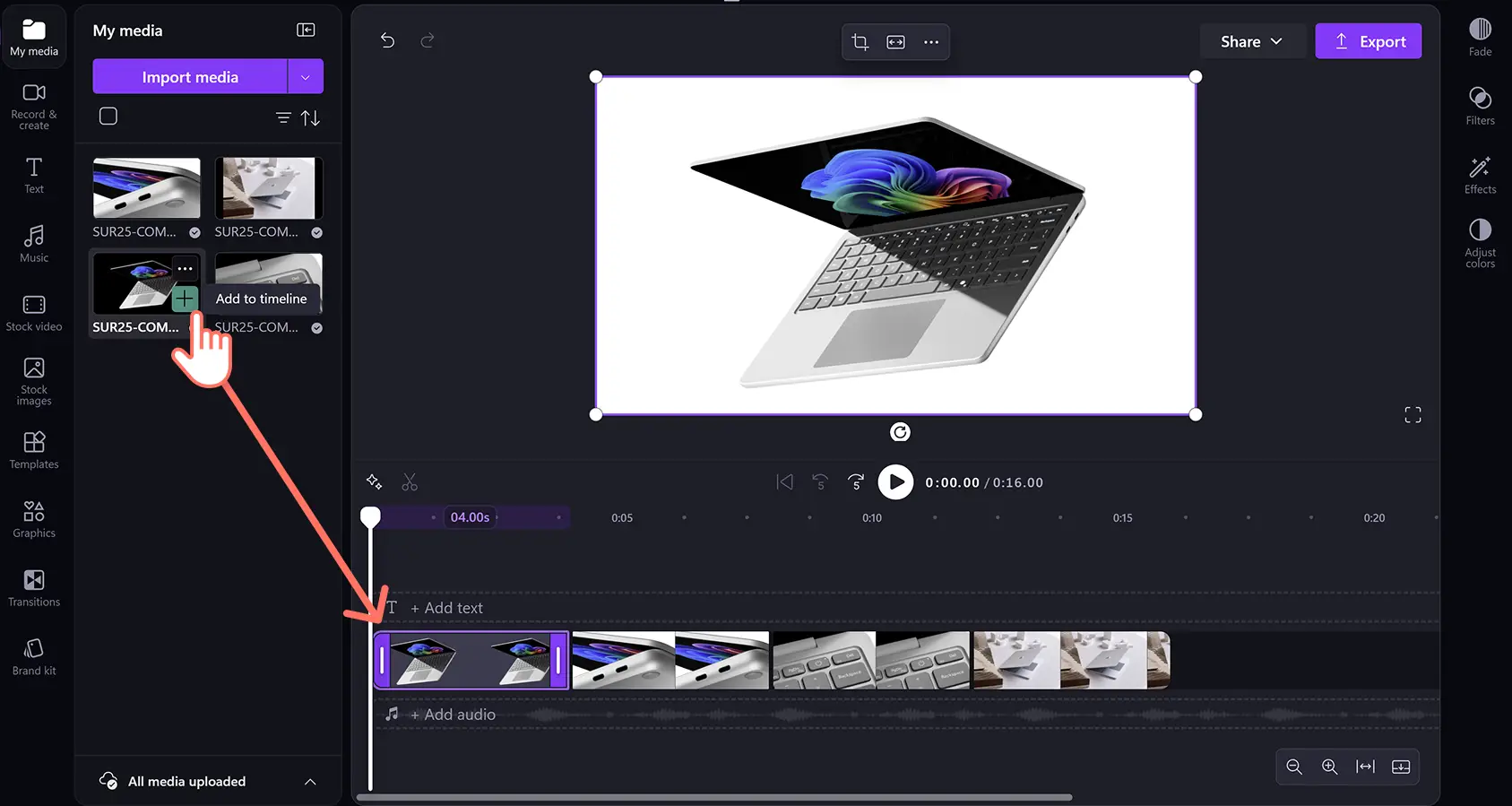 Uma imagem de uma pessoa adicionando um vídeo à linha do tempo.