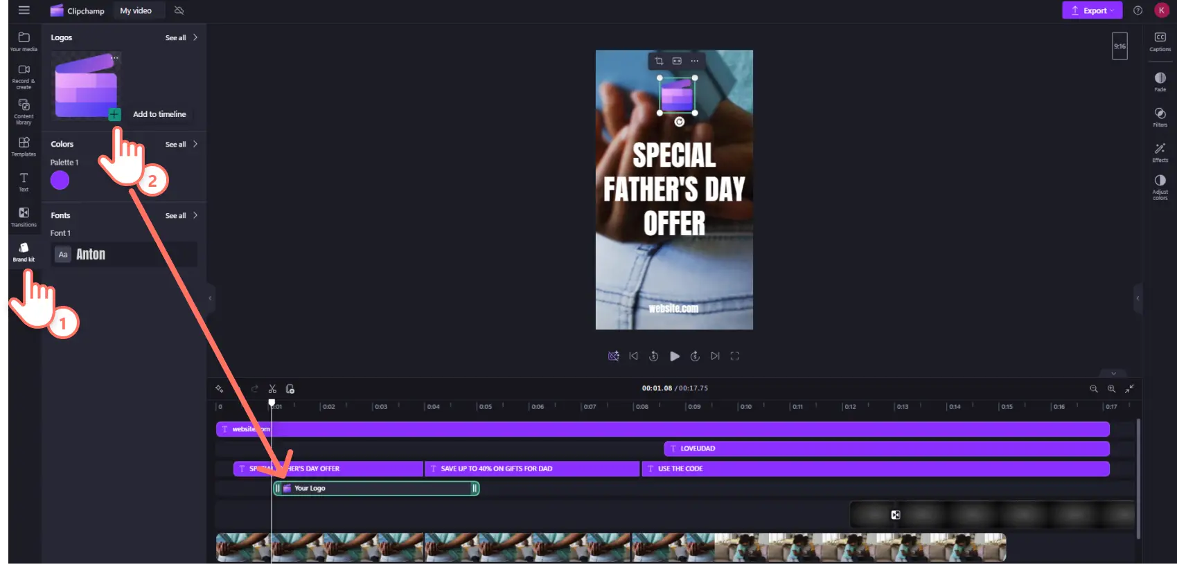 An image of a Clipchamp user selecting the brand kit in the toolbar while editing a Facebook Story video.