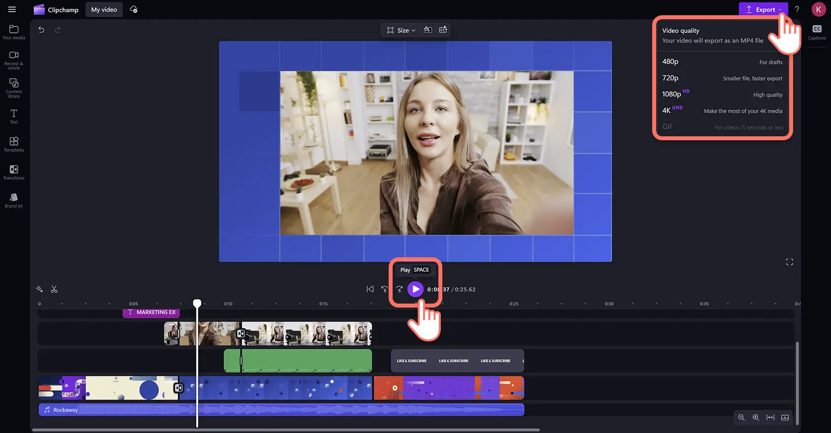 Un utilizator care exportă un videoclip creat cu un șablon gratuit în editorul video Clipchamp.