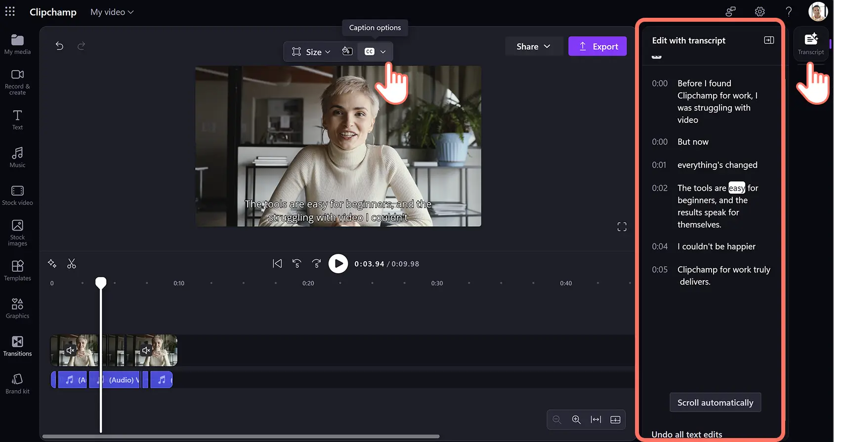 Usuário adicionando legendas geradas por IA a um vídeo de depoimento de cliente no Clipchamp para o trabalho.