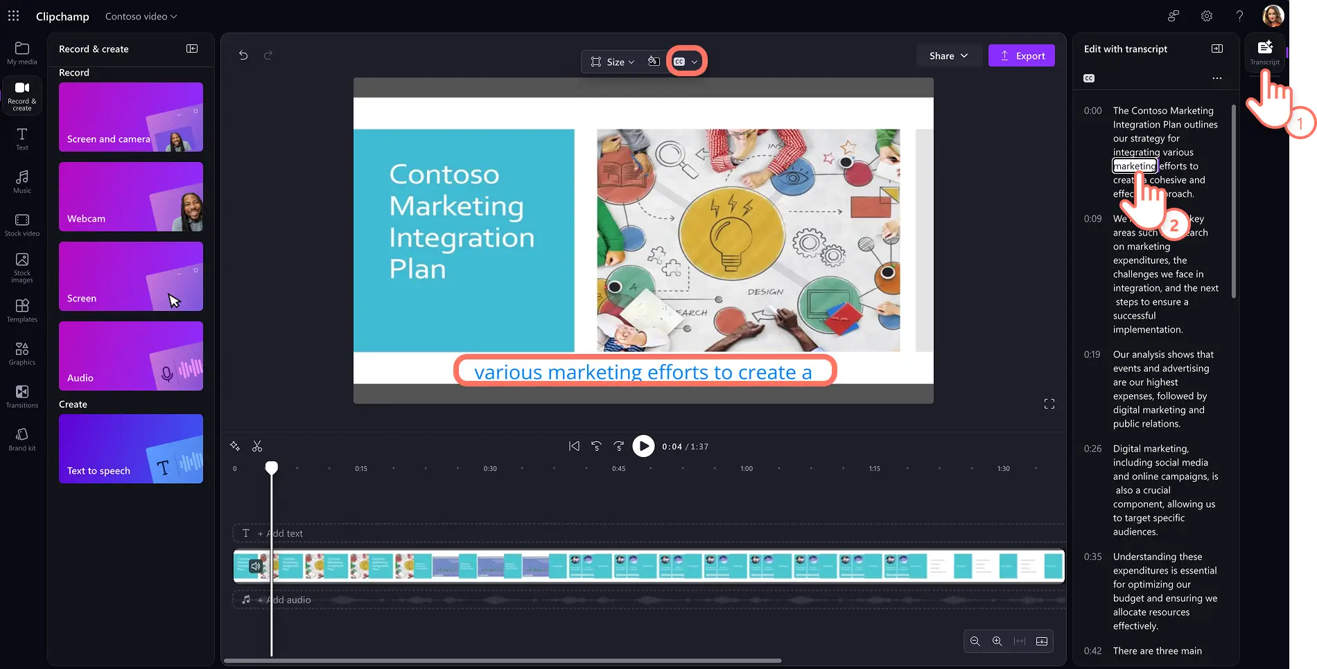 Un usuario genera transcripciones y subtítulos basados en IA en Clipchamp para el trabajo