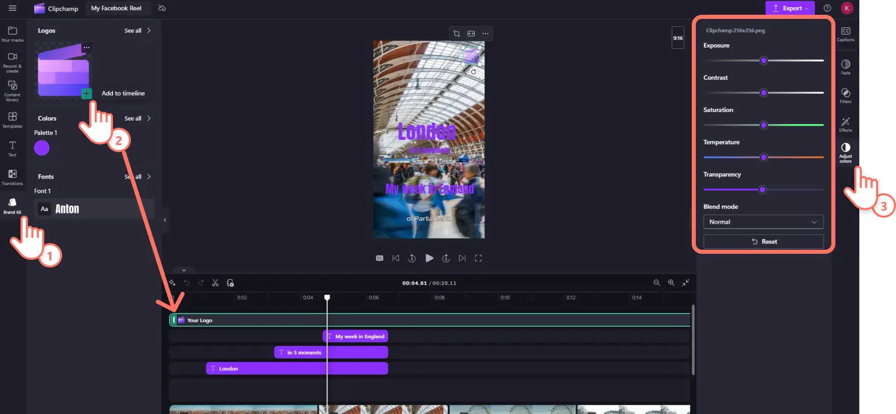 A user adding branding to the video in Clipchamp.