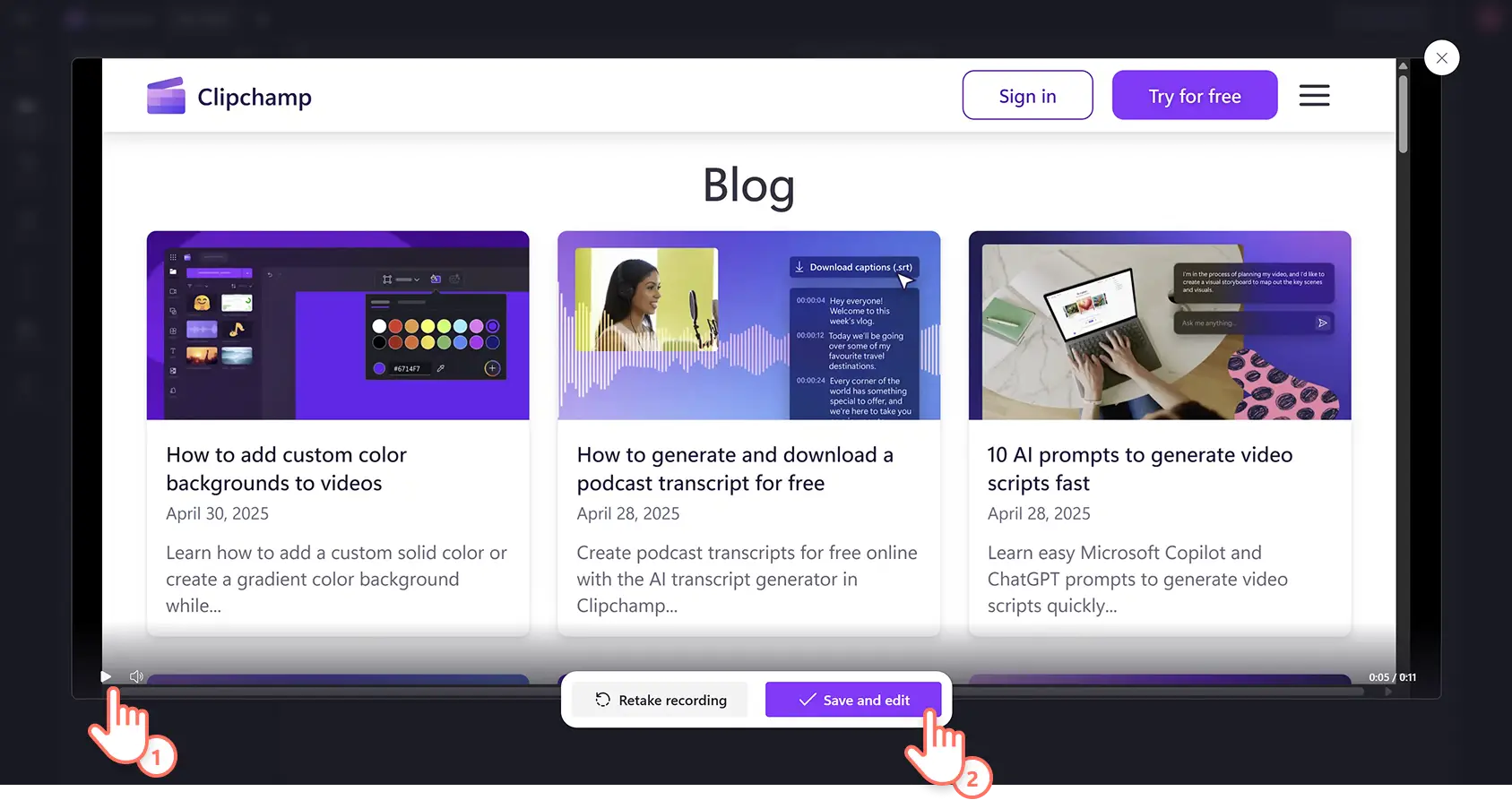 Một người dùng đang xem trước và lưu bản ghi màn hình trong trình biên tập video Clipchamp.