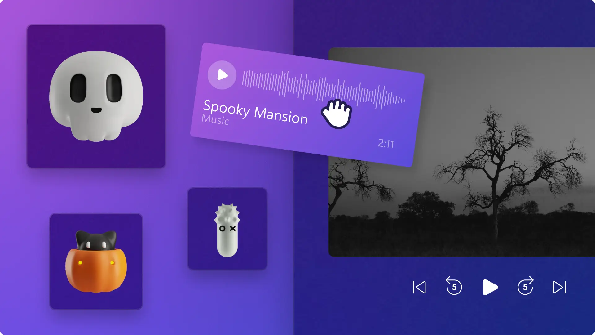 エディター内のハロウィン ステッカーと音楽の画像。