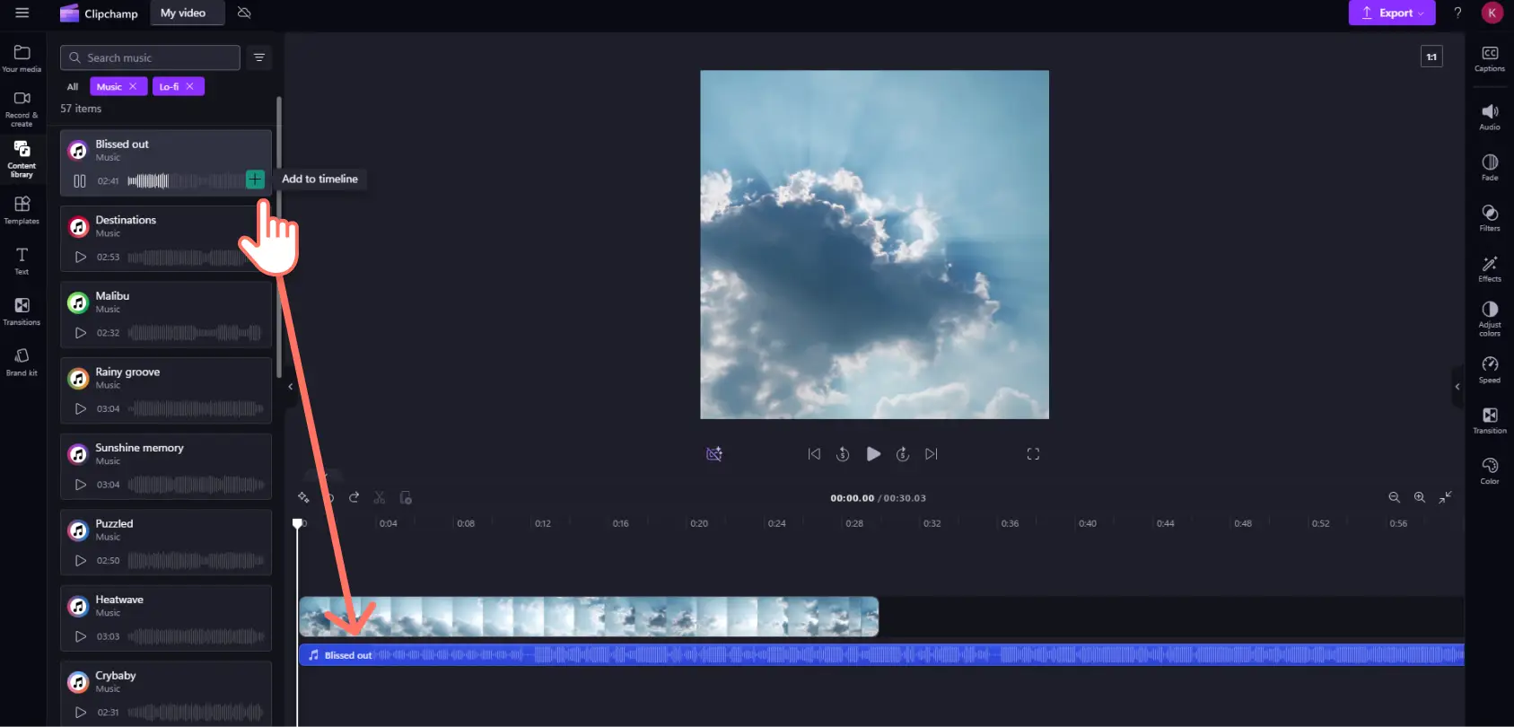 A user adding royalty-free music from the content library to the timeline in Clipchamp.