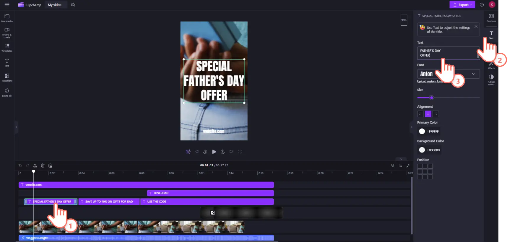 An image of a Clipchamp user editing the text in a Facebook Story template.