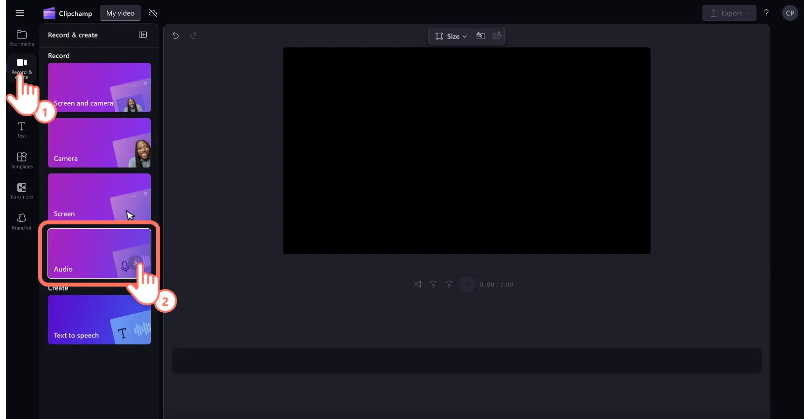 A user clicking on the audio option inside the record and create tab.