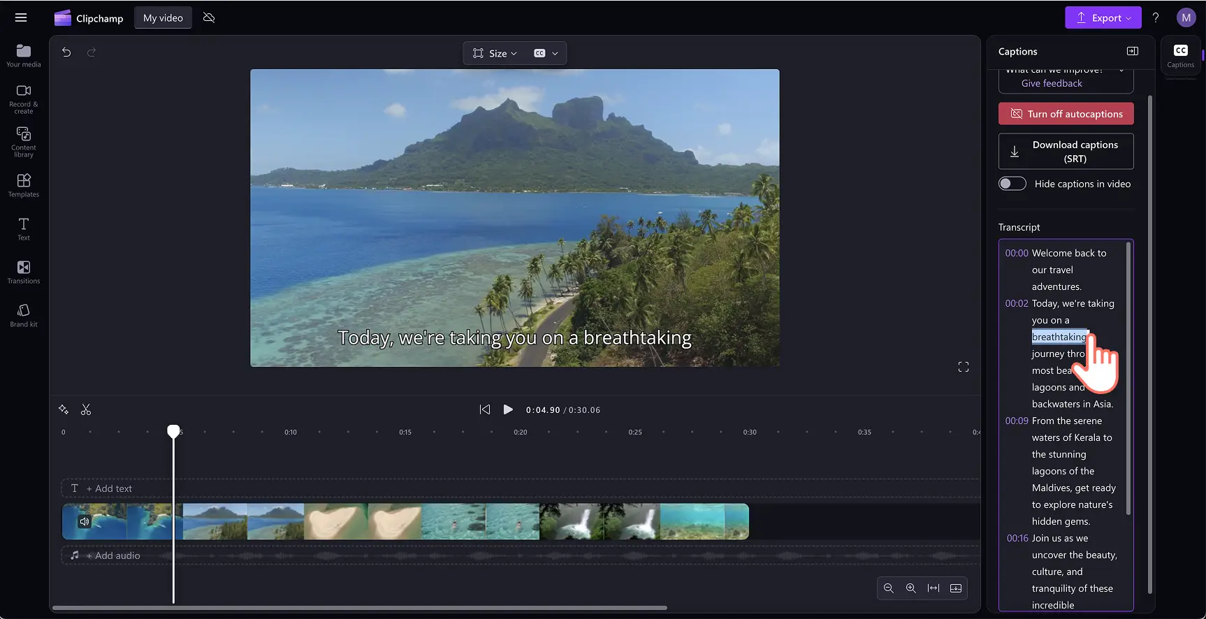 Gambar pengguna mengedit teks subtitel dalam transkrip.