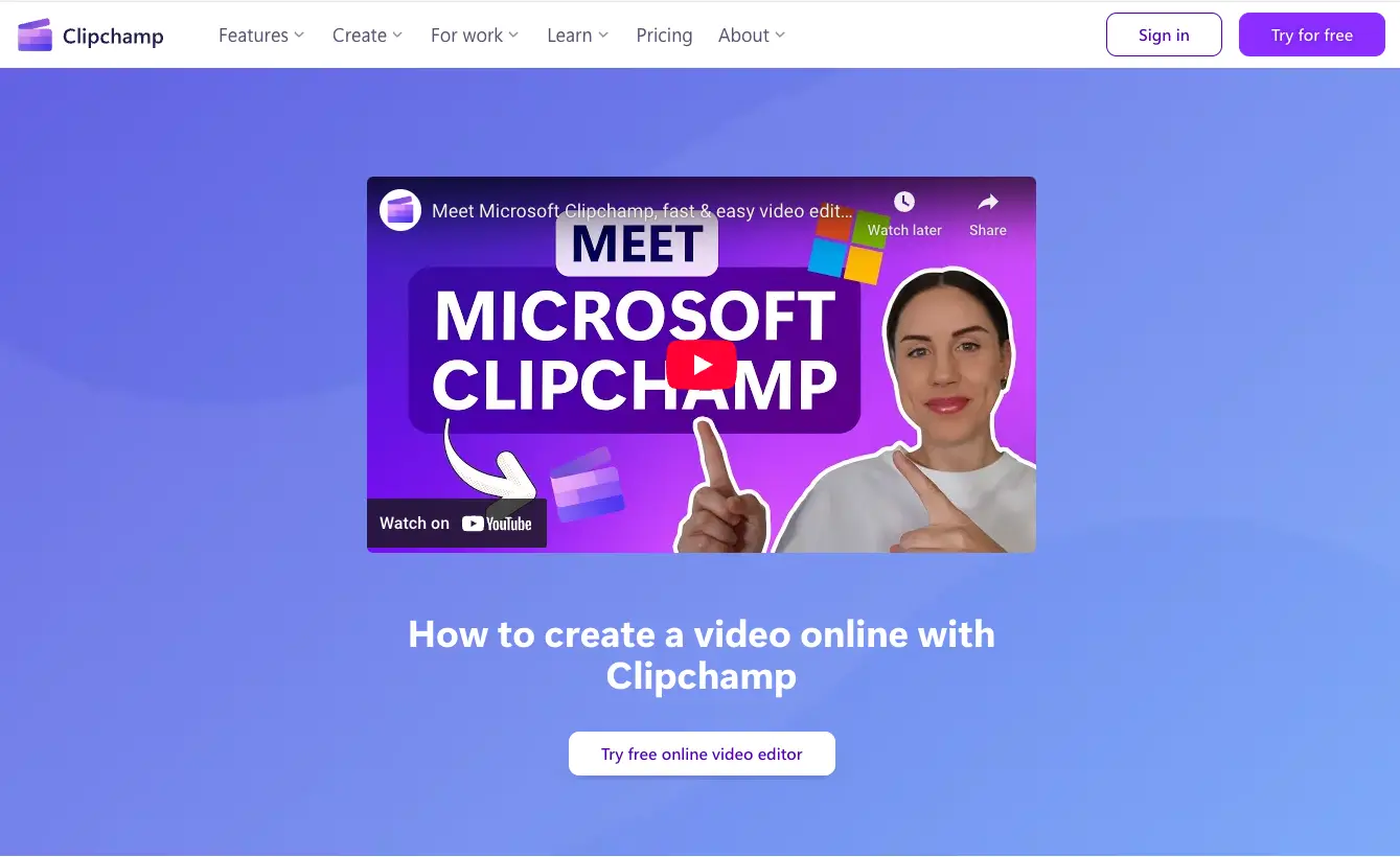 Web サイトに埋め込まれた YouTube 動画で、Clipchamp 動画エディターの使い方を紹介しています。