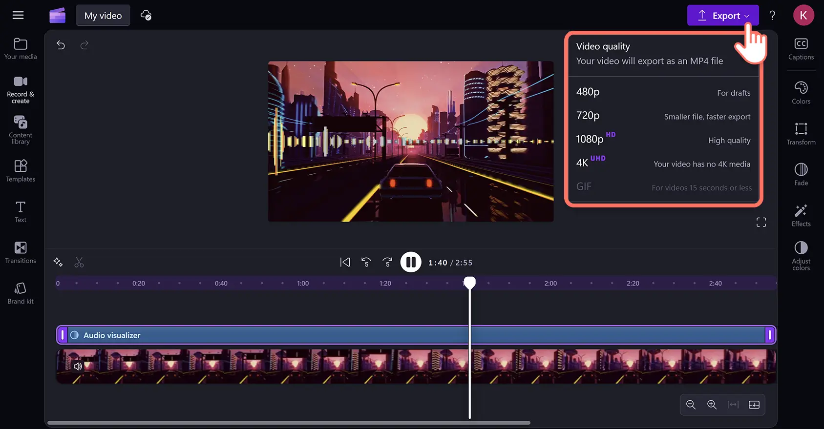 用户在 Clipchamp 视频编辑器中导出音乐可视化效果视频。
