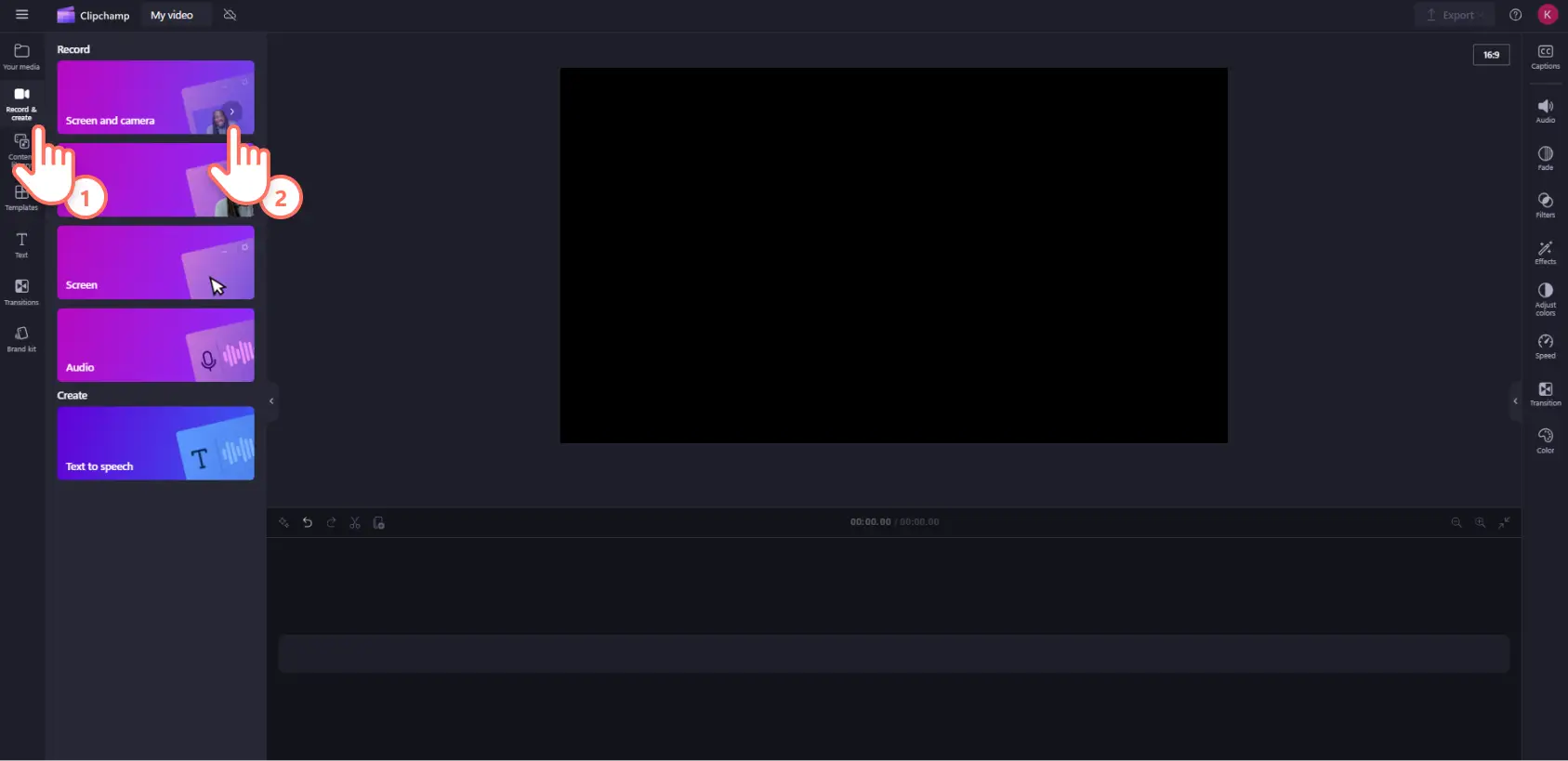 A user selecting the screen and webcam recorder in Clipchamp.