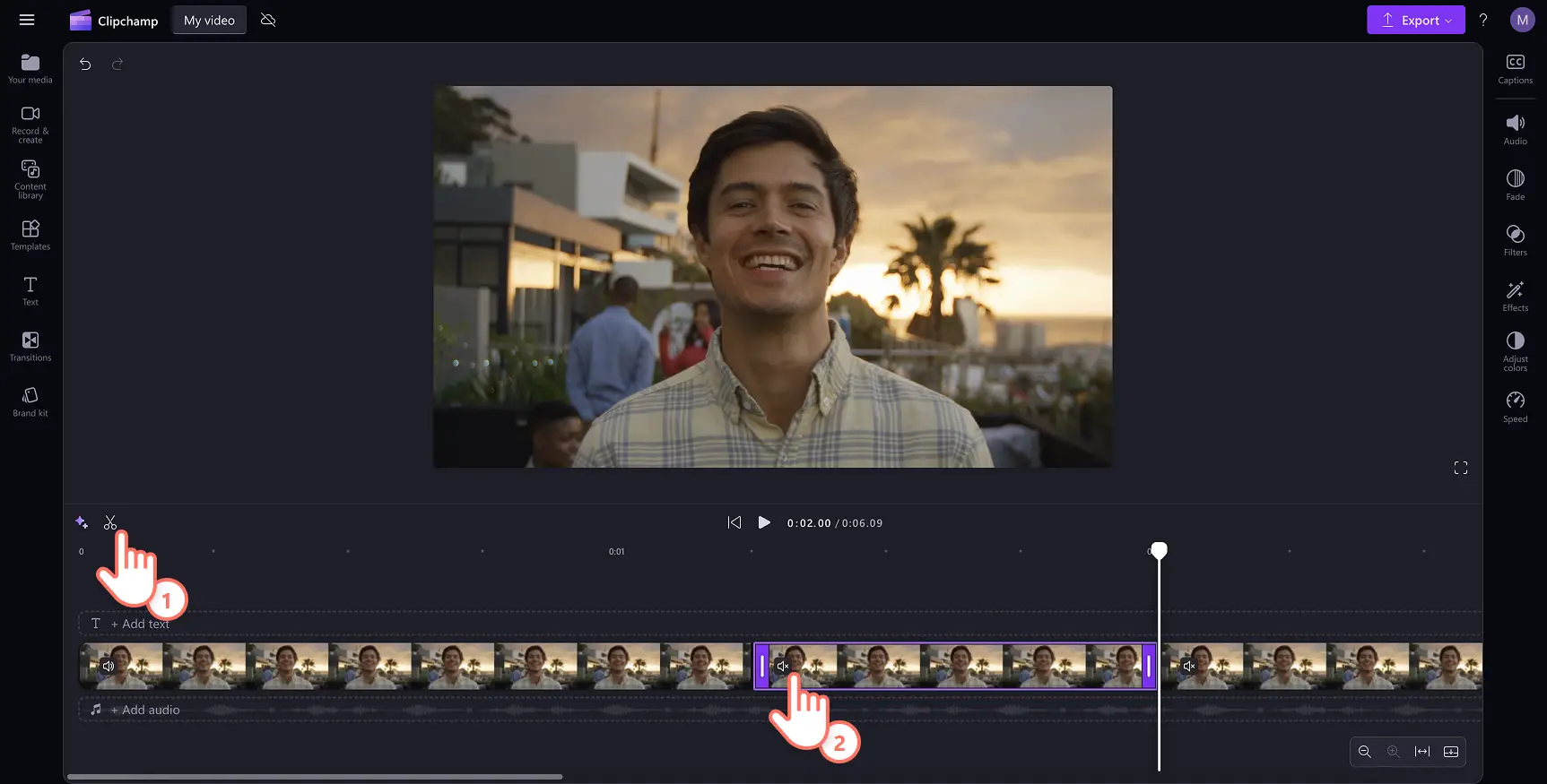 An image of a user splitting a clip then muting the audio.