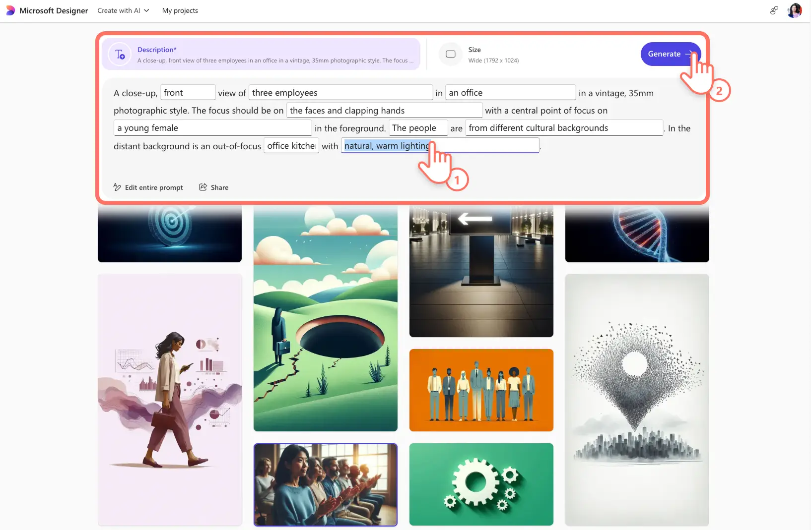 En bruker som redigerer en KI-bildegenereringsspørsmål i Bildeskaper-verktøyet fra Microsoft Designer.