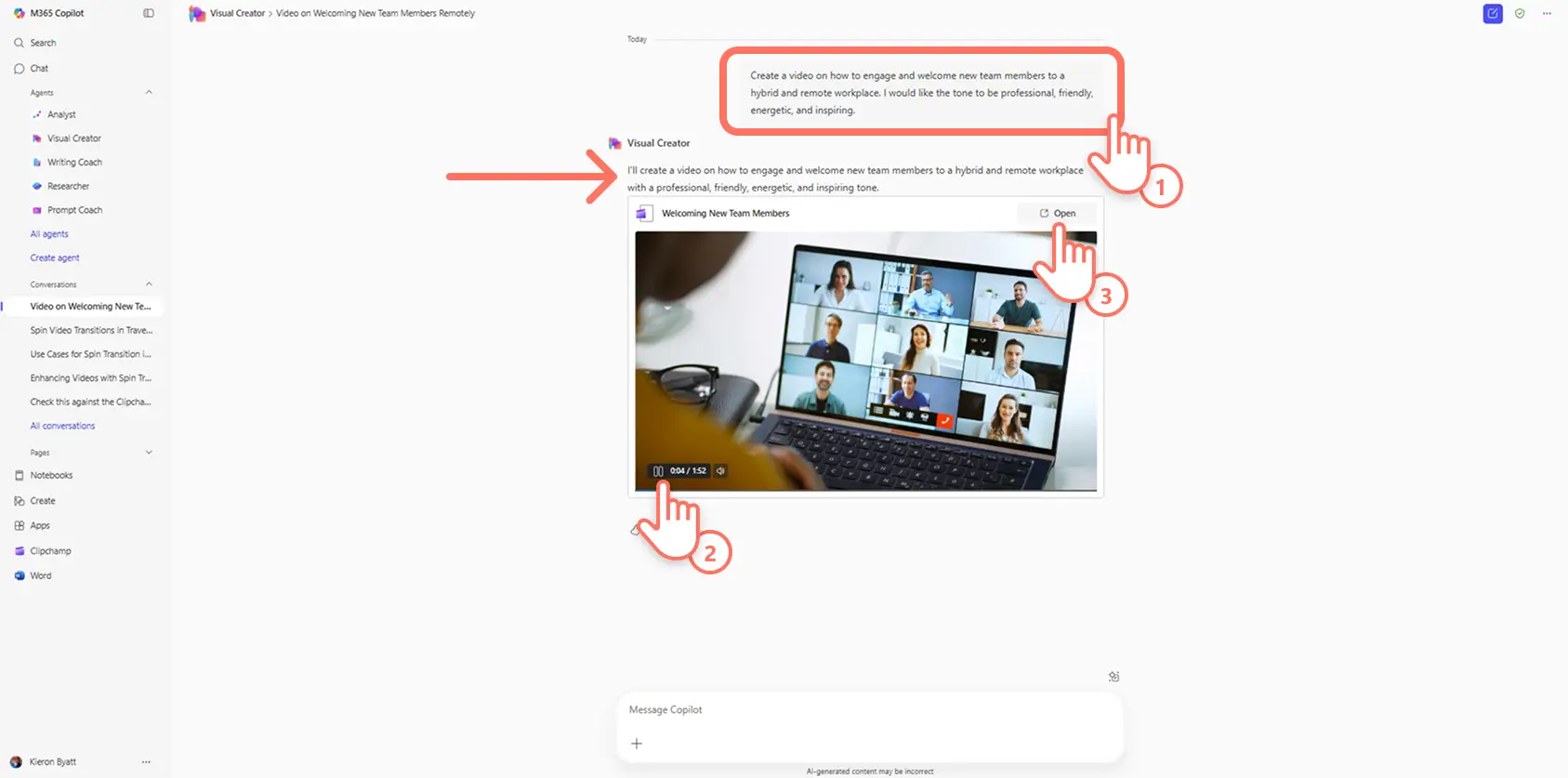 A user creating an onboarding video with Visual Creator in Microsoft Copilot.