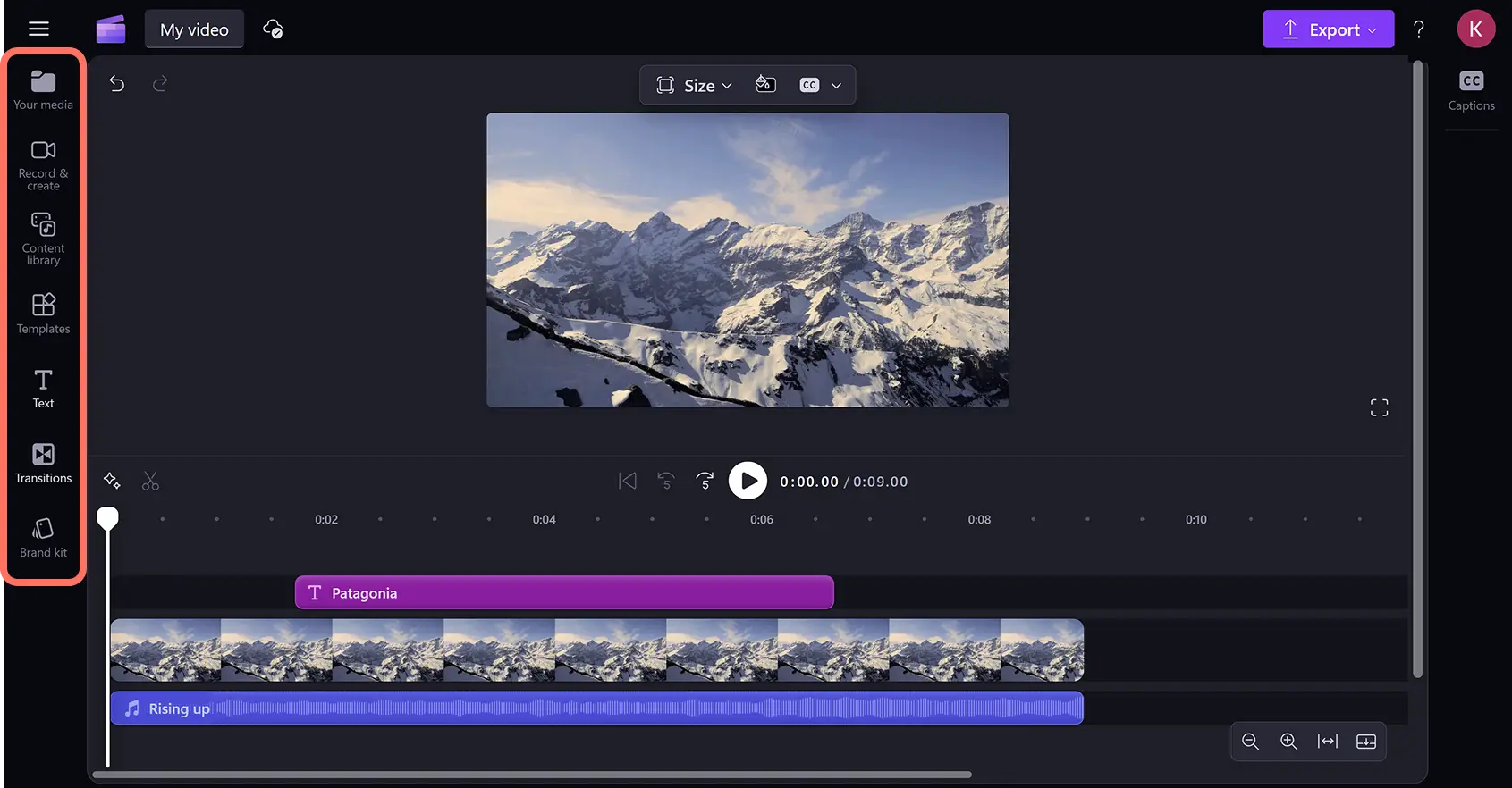 Clipchamp 视频编辑器左侧的工具栏。