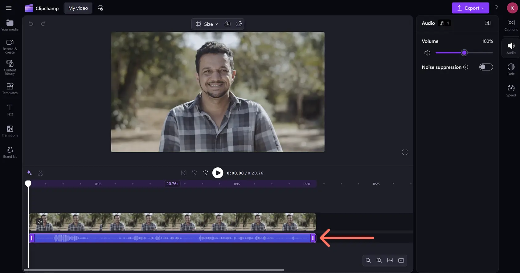 Una traccia audio separata da una risorsa video sulla timeline dell'editor video Clipchamp.