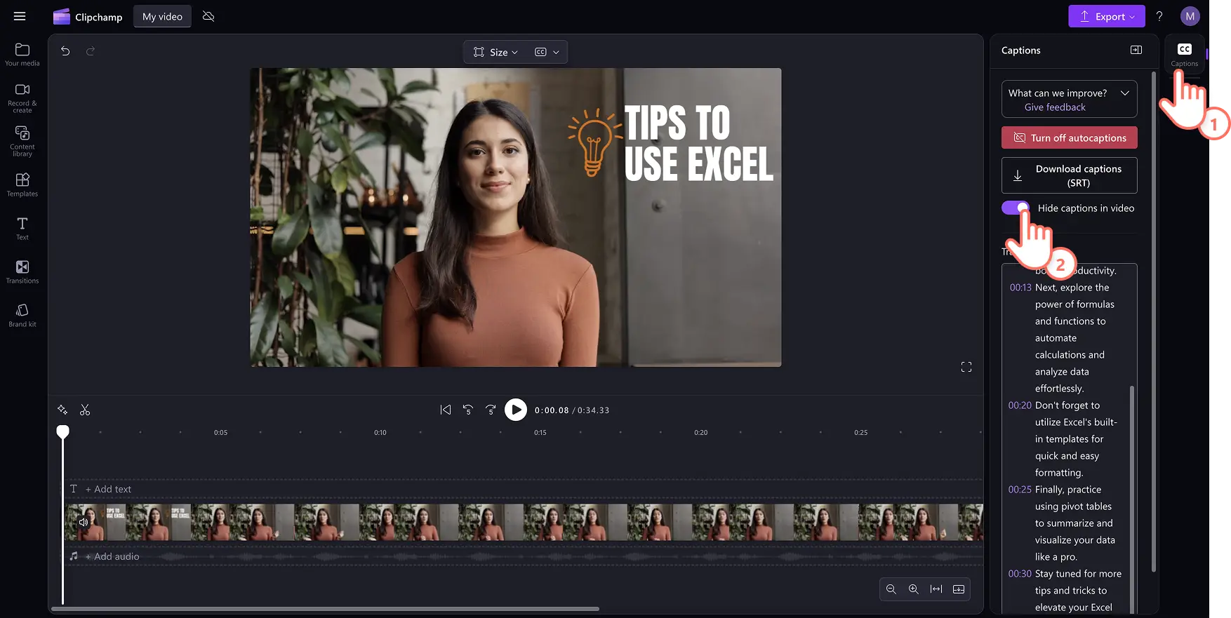 User hiding autocaptions in Clipchamp.