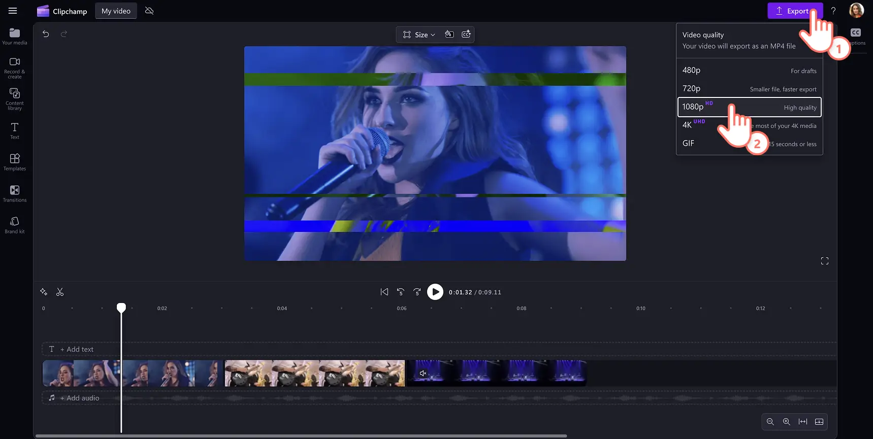 Clipchamp бағдарламасында бейнені жоғары сапада сақтап жатқан пайдаланушының суреті. 