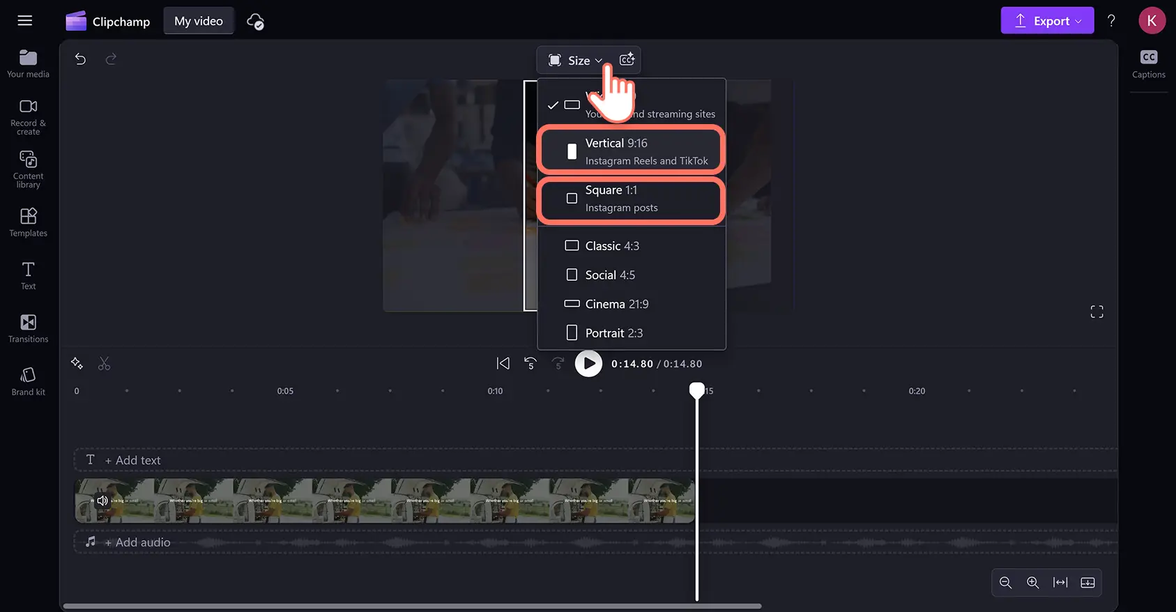 Clipchamp ビデオ エディターで YouTube 動画を Instagram 用にサイズ変更しているユーザー。
