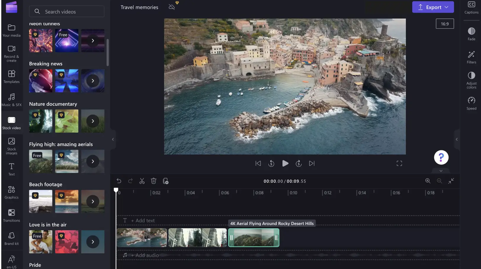 Изображение добавления видеоклипов на временную шкалу Clipchamp.