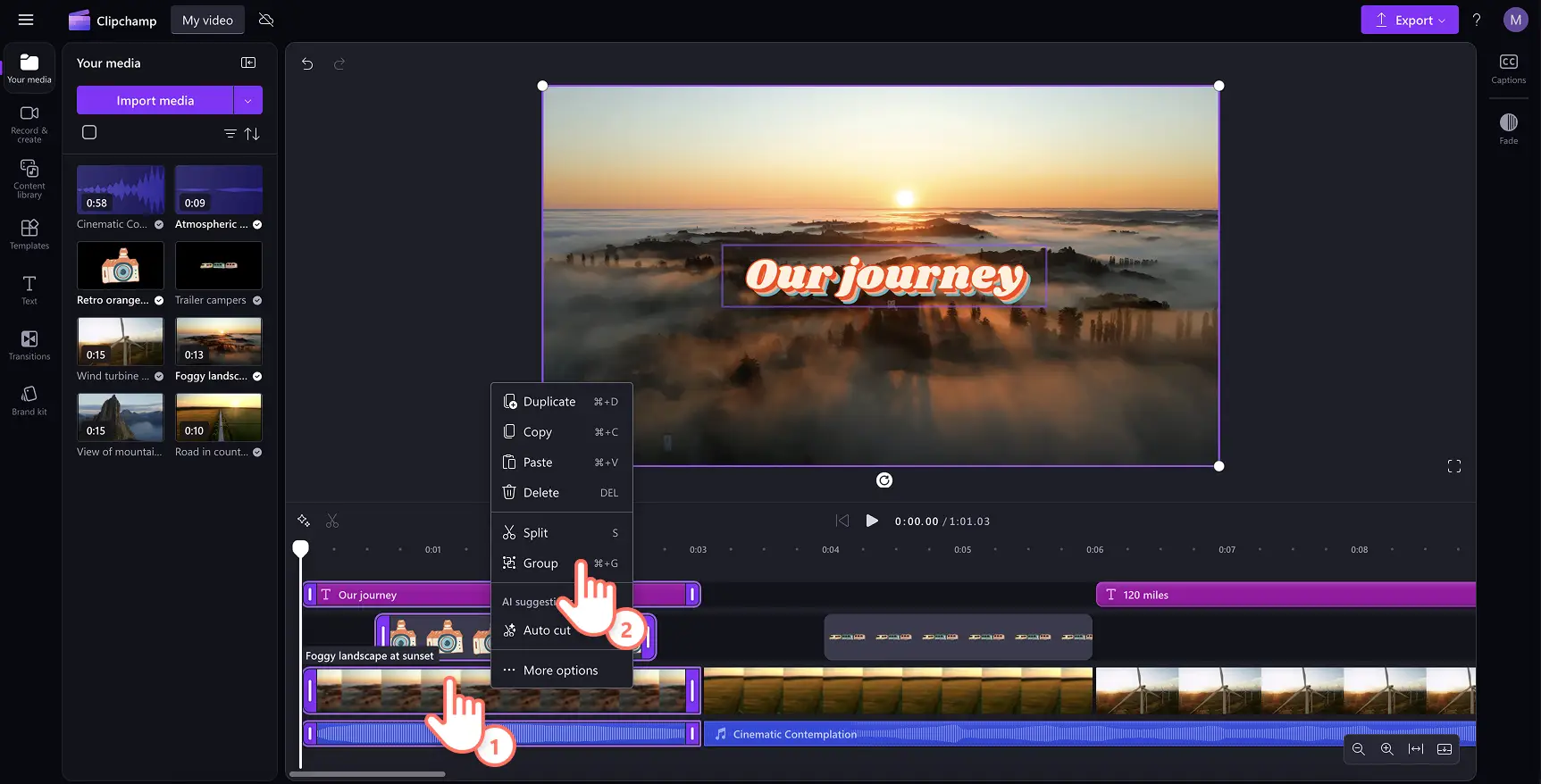 Pengguna memilih aset video untuk mencipta kumpulan dalam Clipchamp