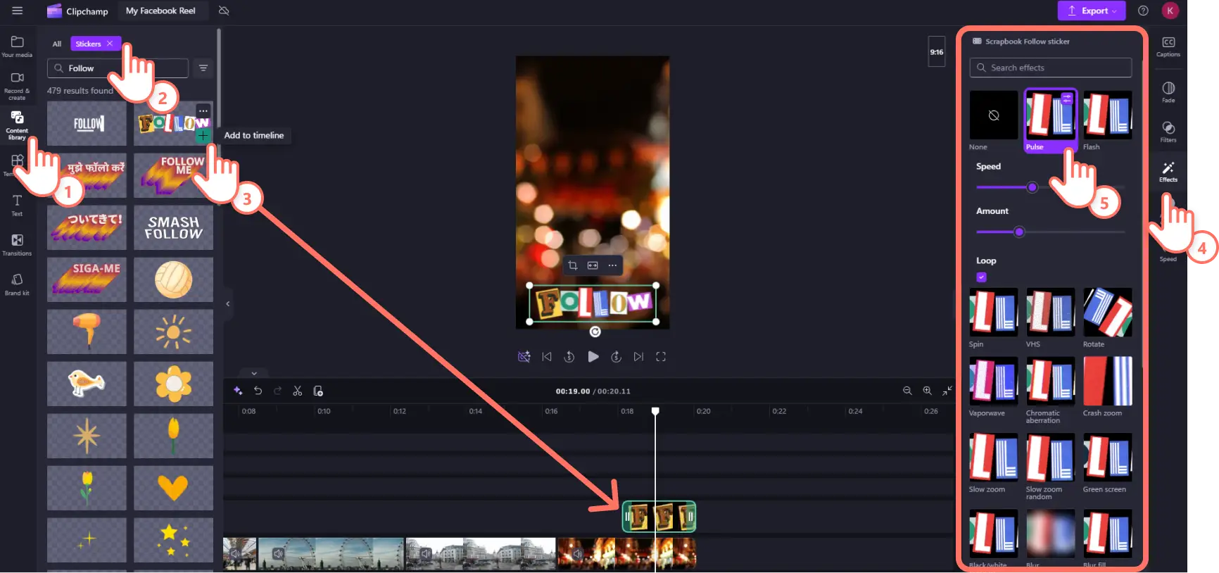A user adding a sticker and sticker effect in Clipchamp.