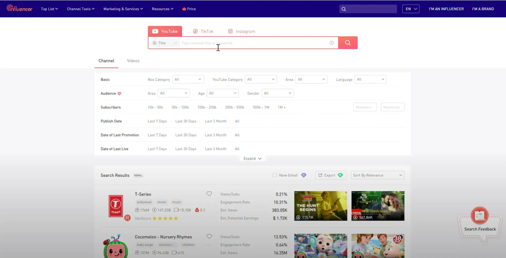 Forhåndsvisning af NoxInfluencer-platform