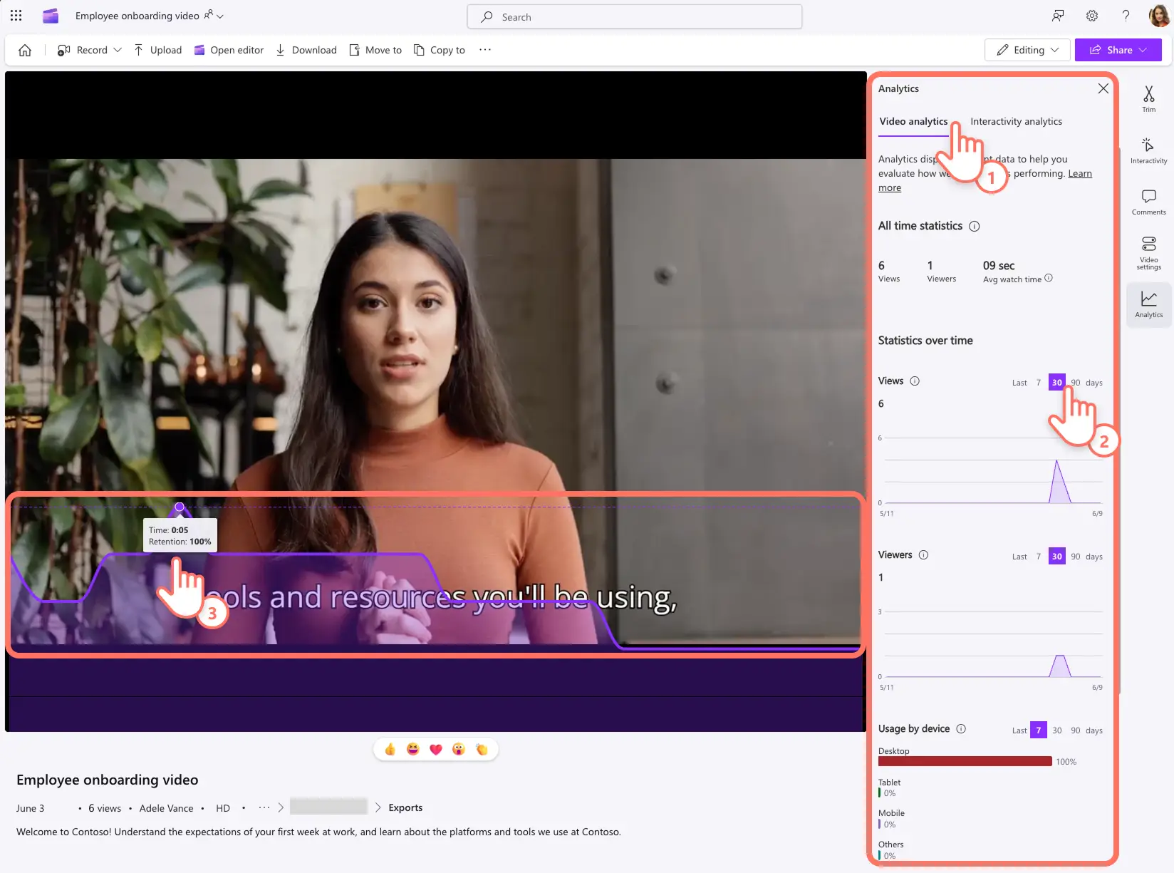 用户在 Clipchamp 的分析选项卡中了解视图、观看时间、地理位置数据等信息