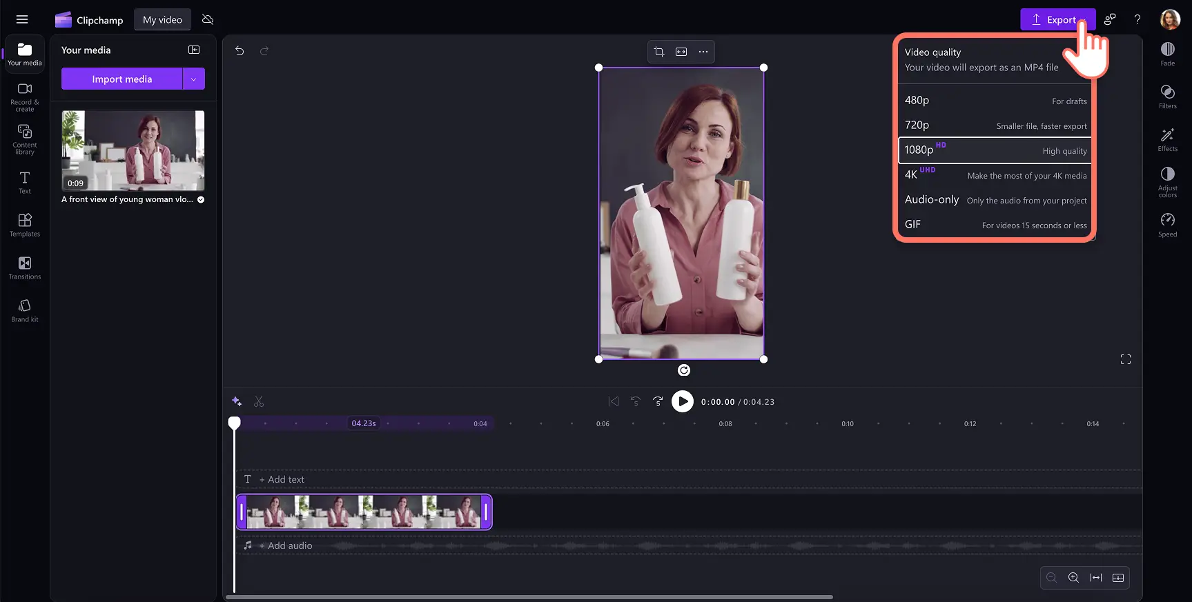 A user exporting a video resized for Instagram Reels and Stories in Clipchamp.