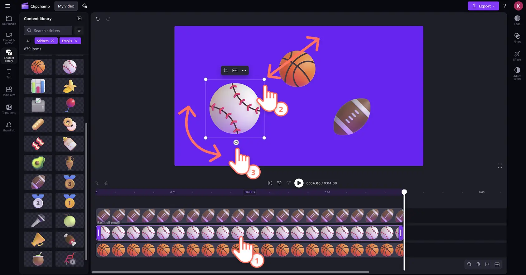 Pengguna mengedit stiker emoji menggunakan alat freehand di editor video Clipchamp.