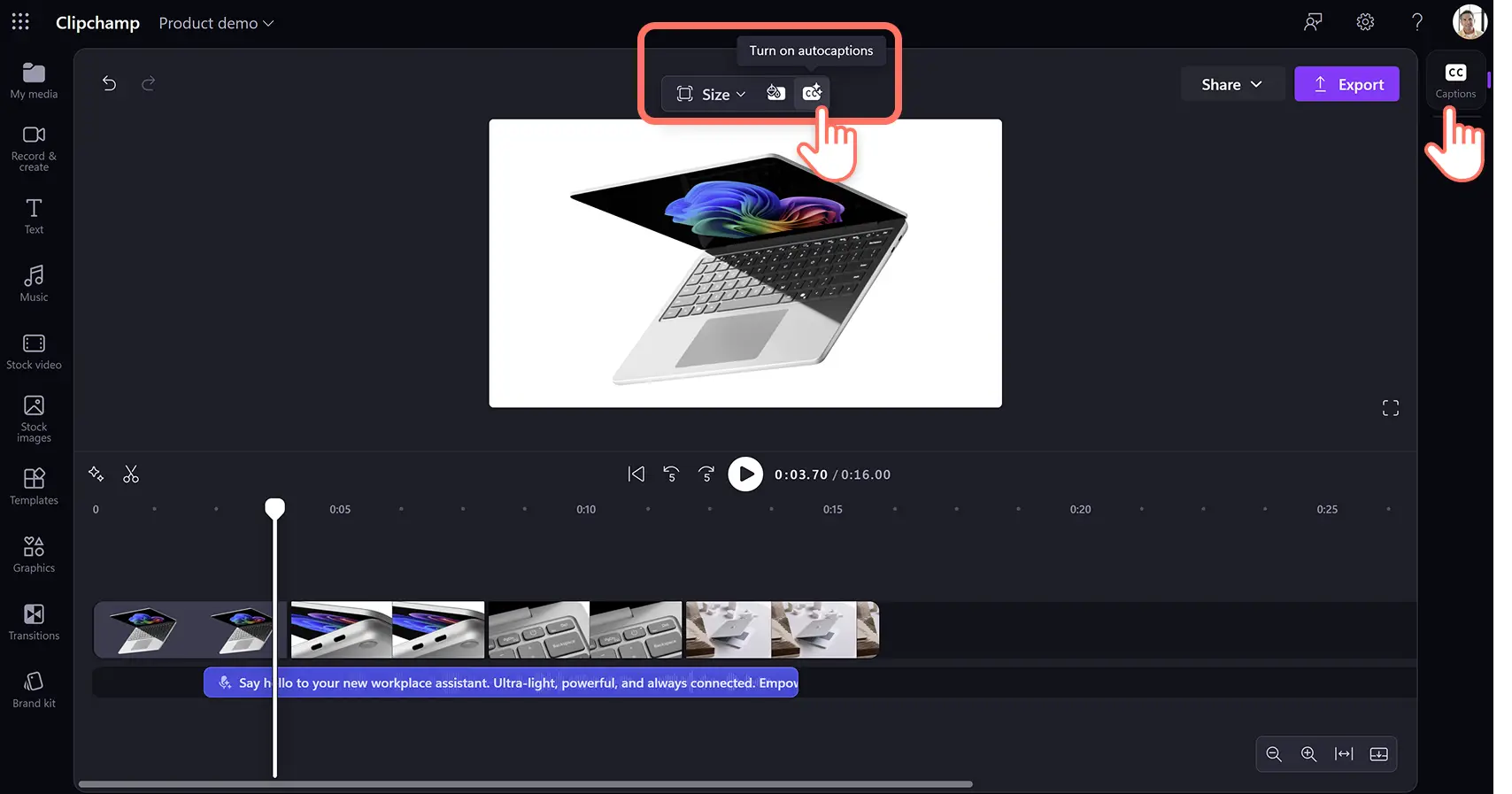Imagem de um usuário gerando legendas no Clipchamp.