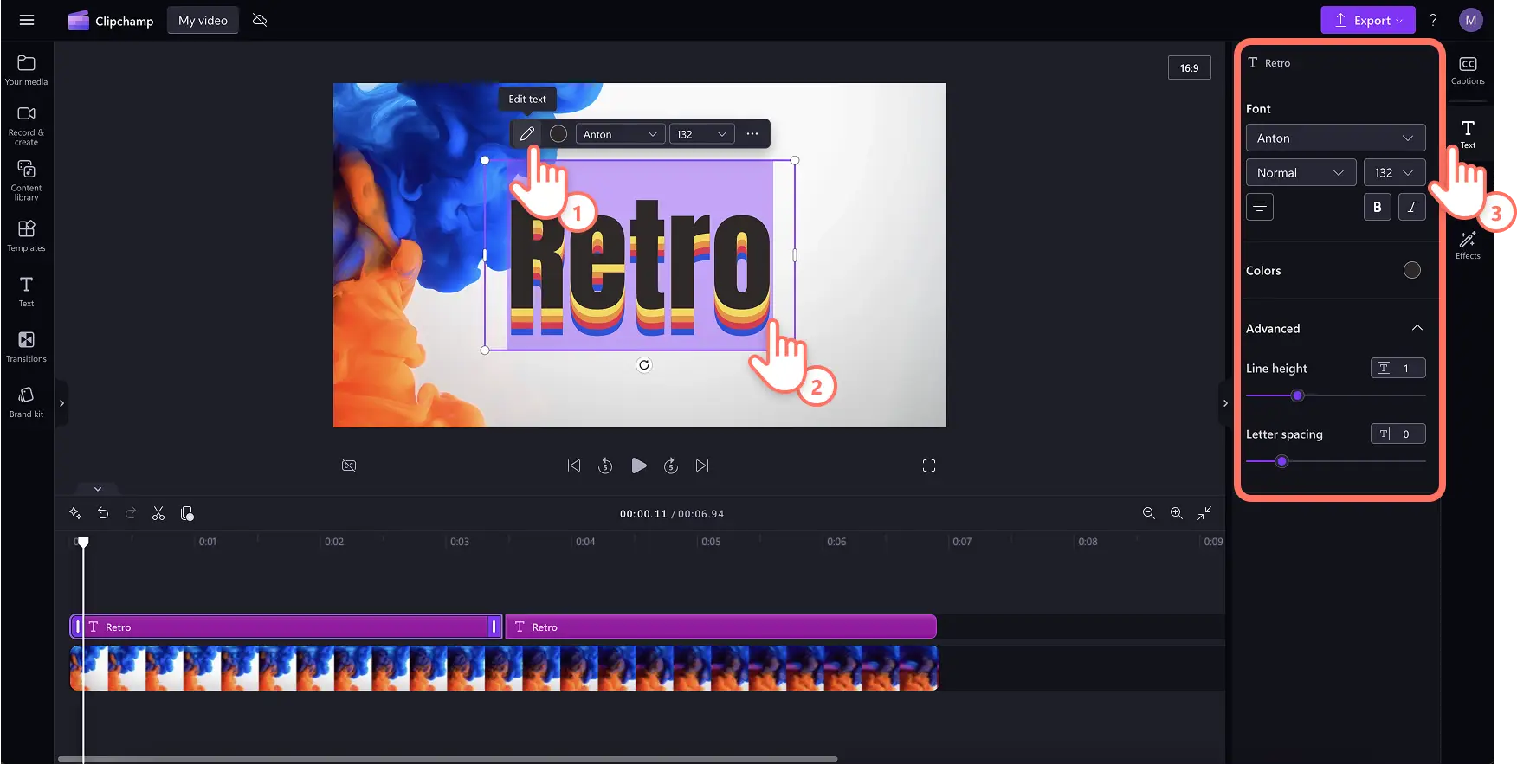 Käyttäjä muokkaa otsikkoa Clipchampissa