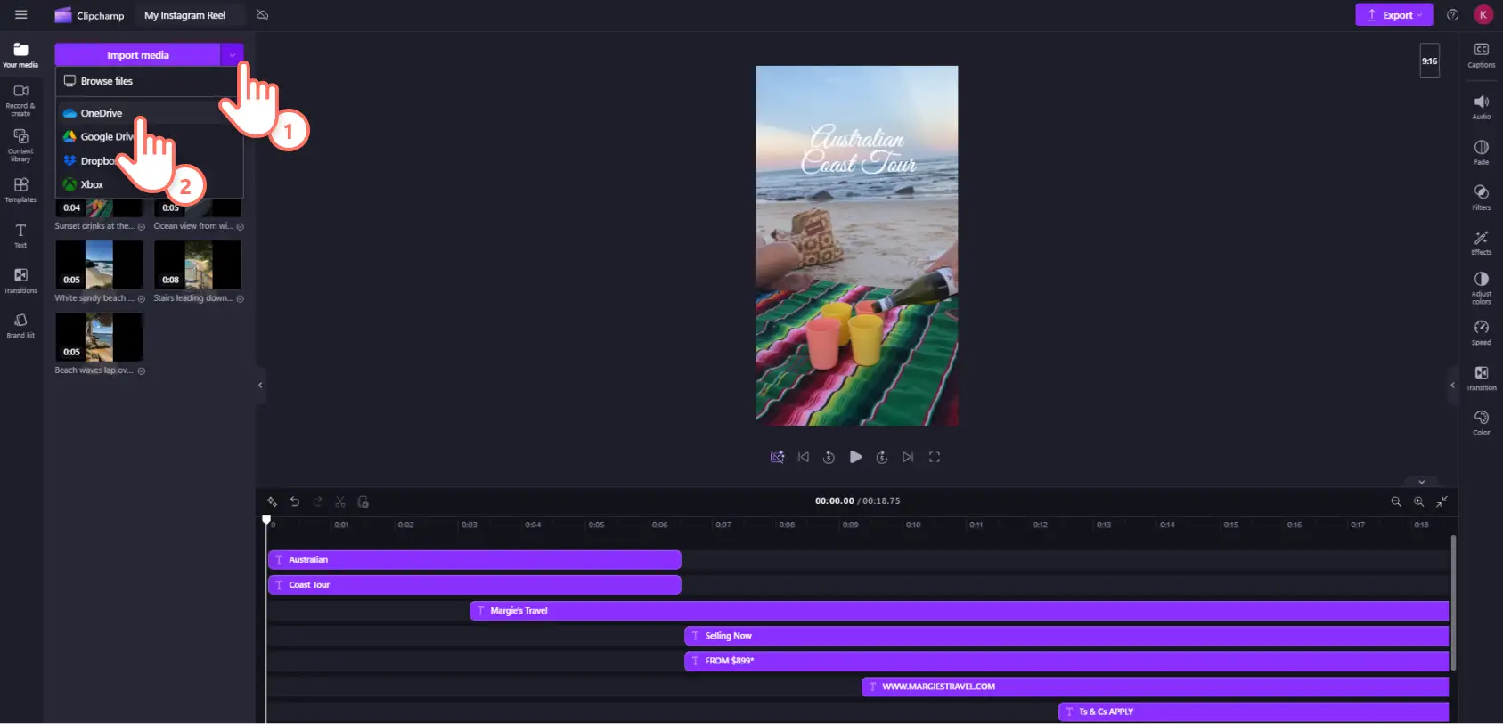 Un utilisateur de Clipchamp important un média dans l’éditeur vidéo.