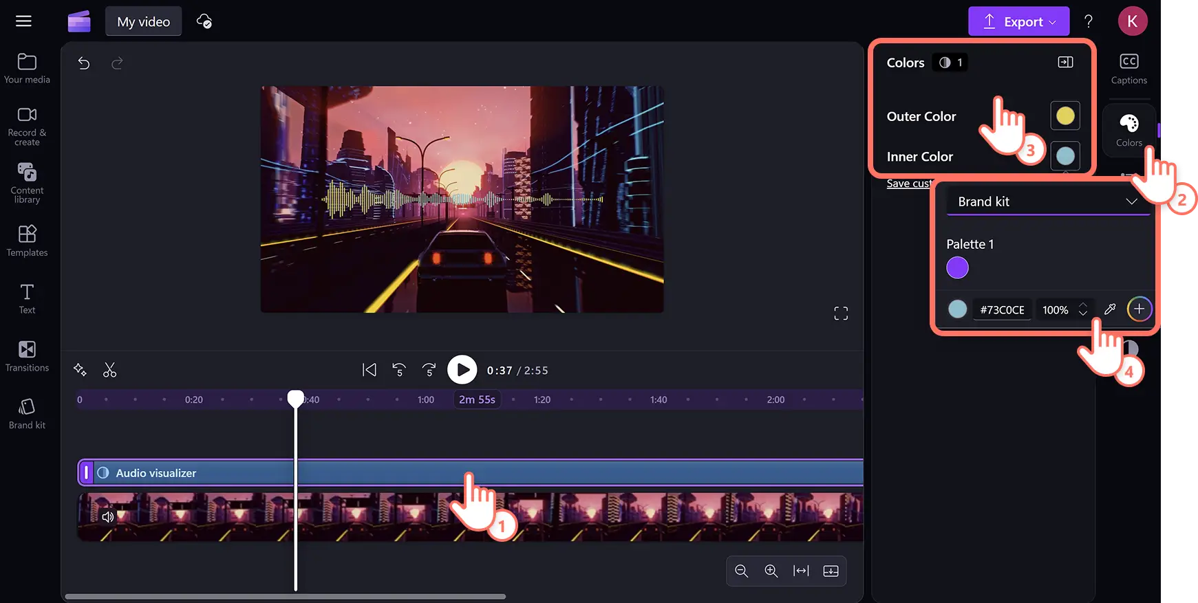 用户在 Clipchamp 视频编辑器中编辑音乐可视化效果的颜色。