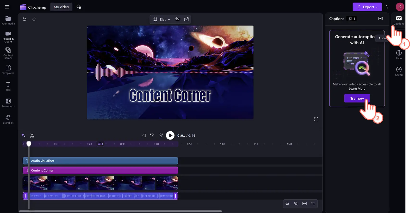 En bruger aktiverer automatiske undertekster for en podcastvideo i Clipchamp-videoeditoren.