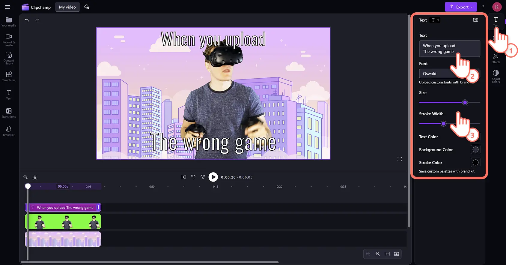 Eine Person, die den Meme-Text für ein Greenscreen-Video im Clipchamp Video-Editor anpasst.