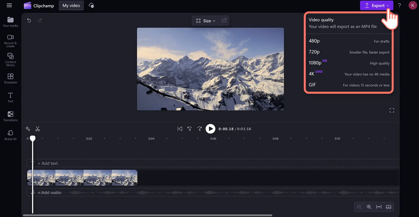用户在 Clipchamp 中导出拆分后的视频剪辑。