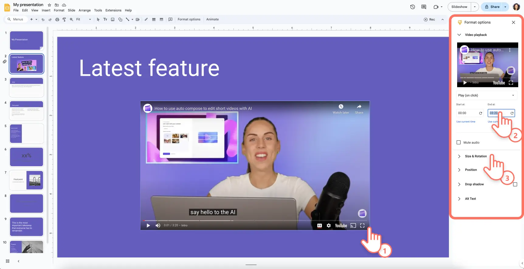 Edit your embed video size, position, timing in Google Slides