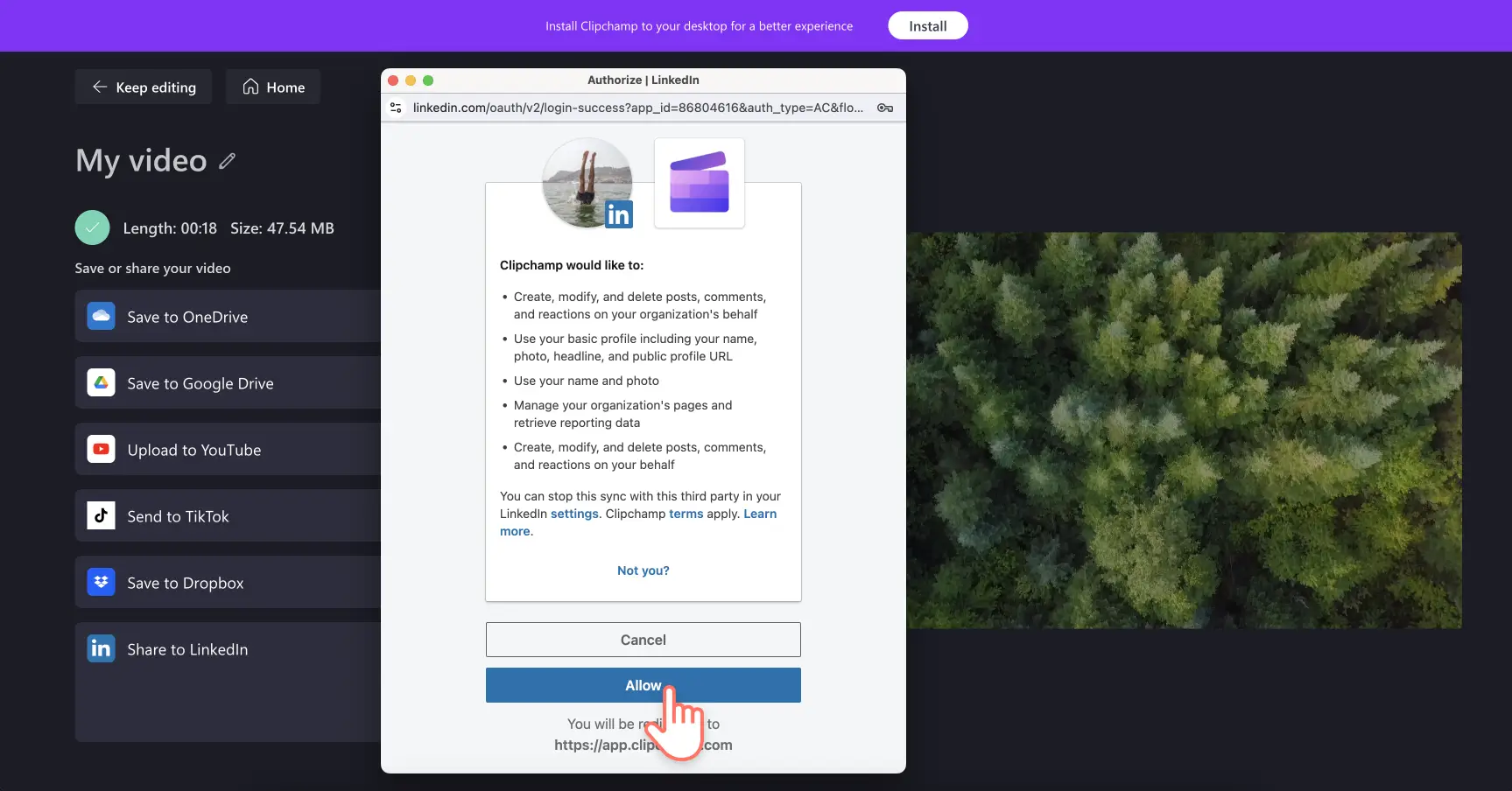 Image of a user granting Clipchamp access to LinkedIn.