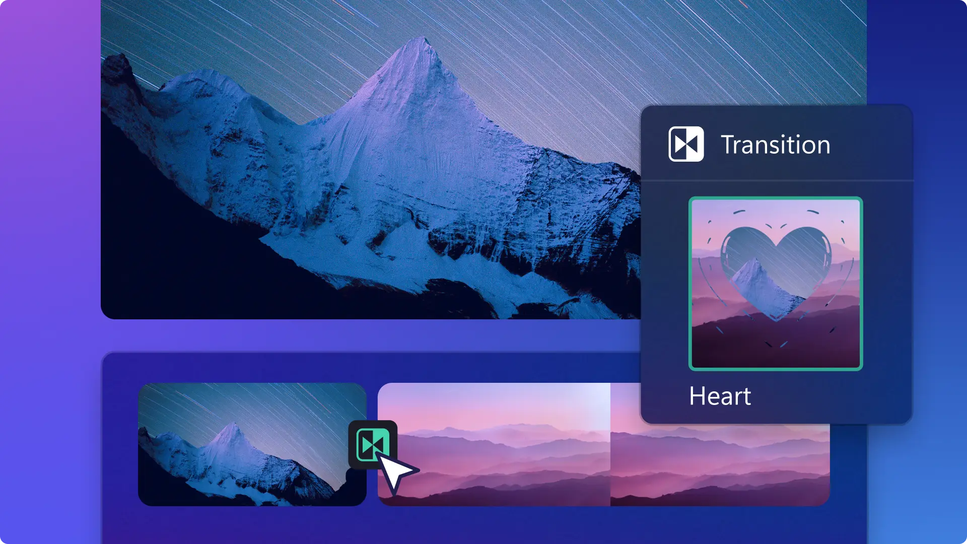 Imagen abstracta de la transición Corazón agregándose a los vídeos en Clipchamp