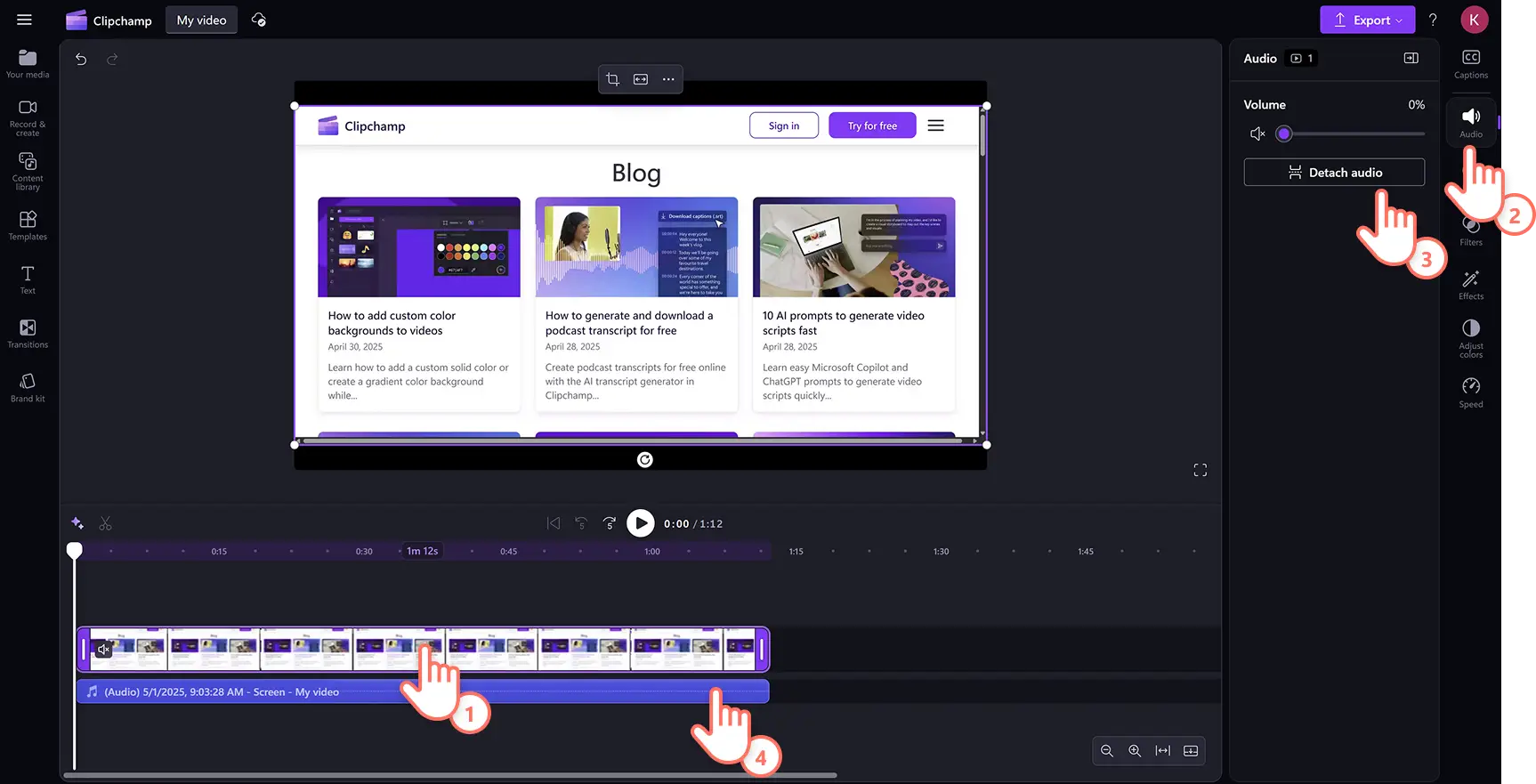 Một người dùng đang tách âm thanh khỏi bản ghi màn hình trong trình biên tập video Clipchamp.