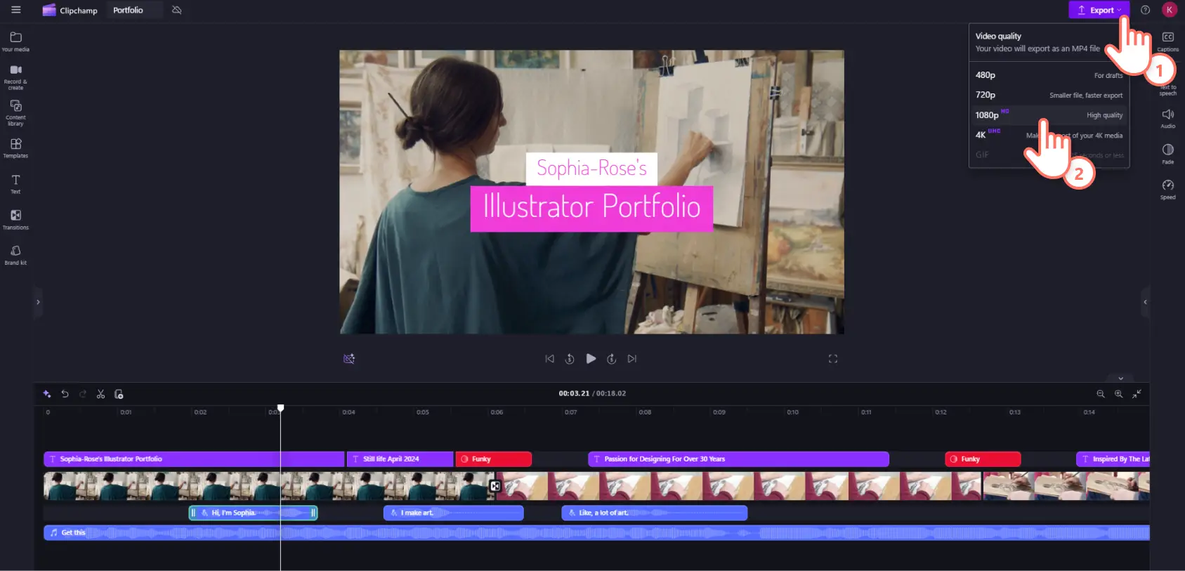 Een Clipchamp-gebruiker die een video exporteert in de HD-resolutie 1080p.