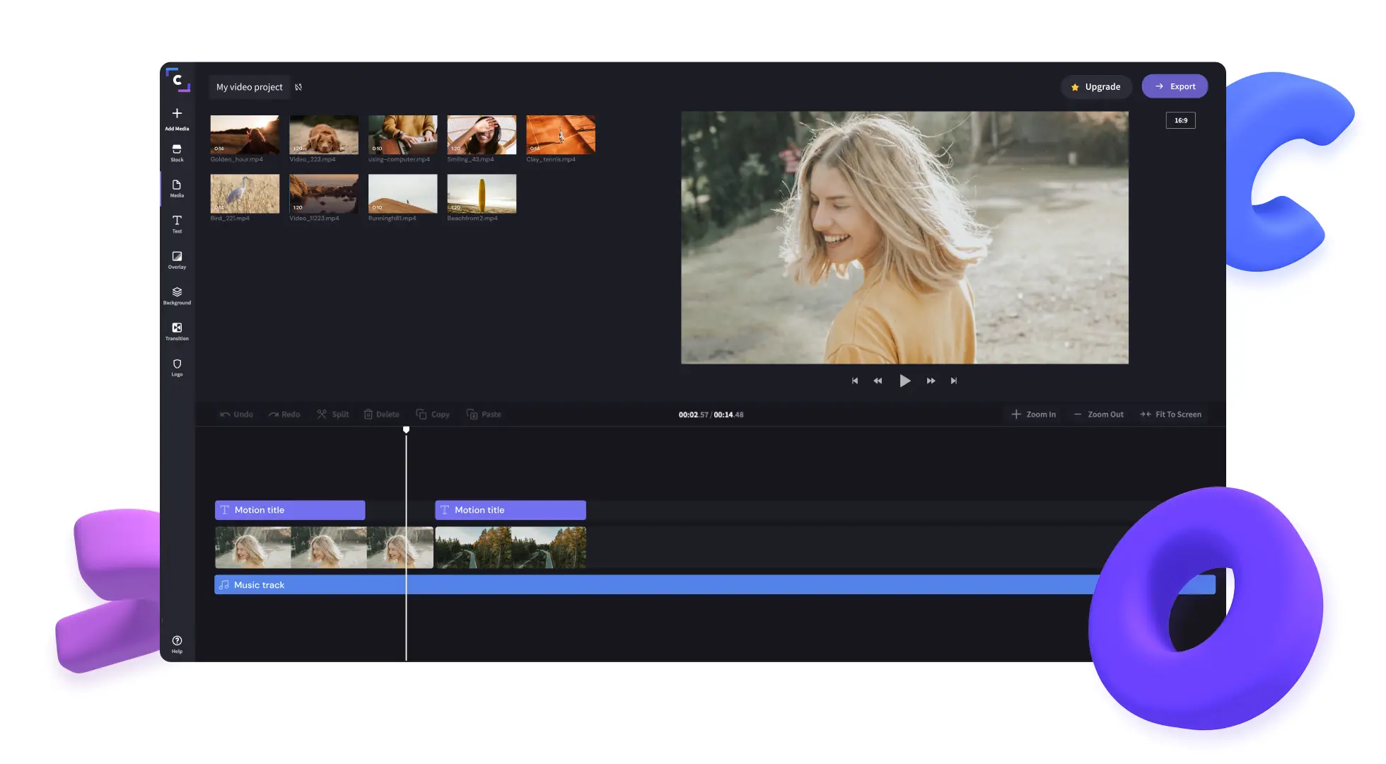 Zrzut ekranu edytora wideo Clipchamp. Animowane tytuły, klipy wideo i ścieżka dźwiękowa są edytowane na osi czasu.