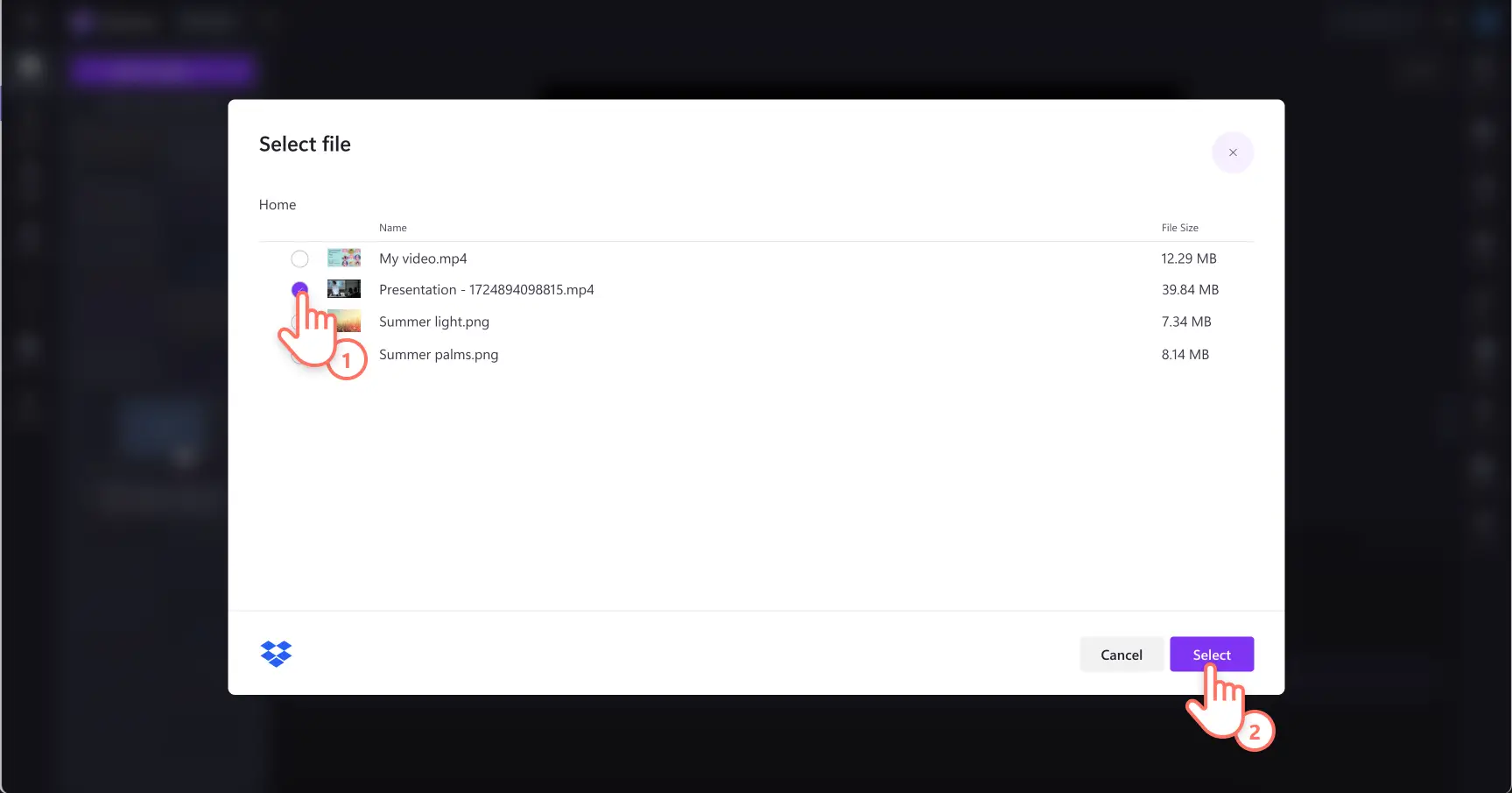 Bilde av en bruker som velger en video i Dropbox som skal importeres til Clipchamp.