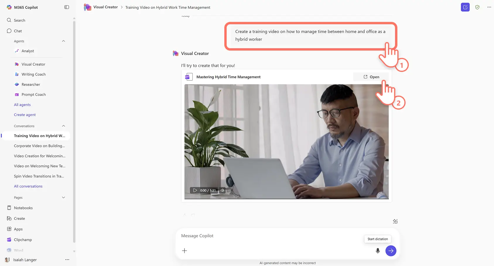 Un utente che crea un video di formazione con l'IA utilizzando Visual Creator in Microsoft Copilot.