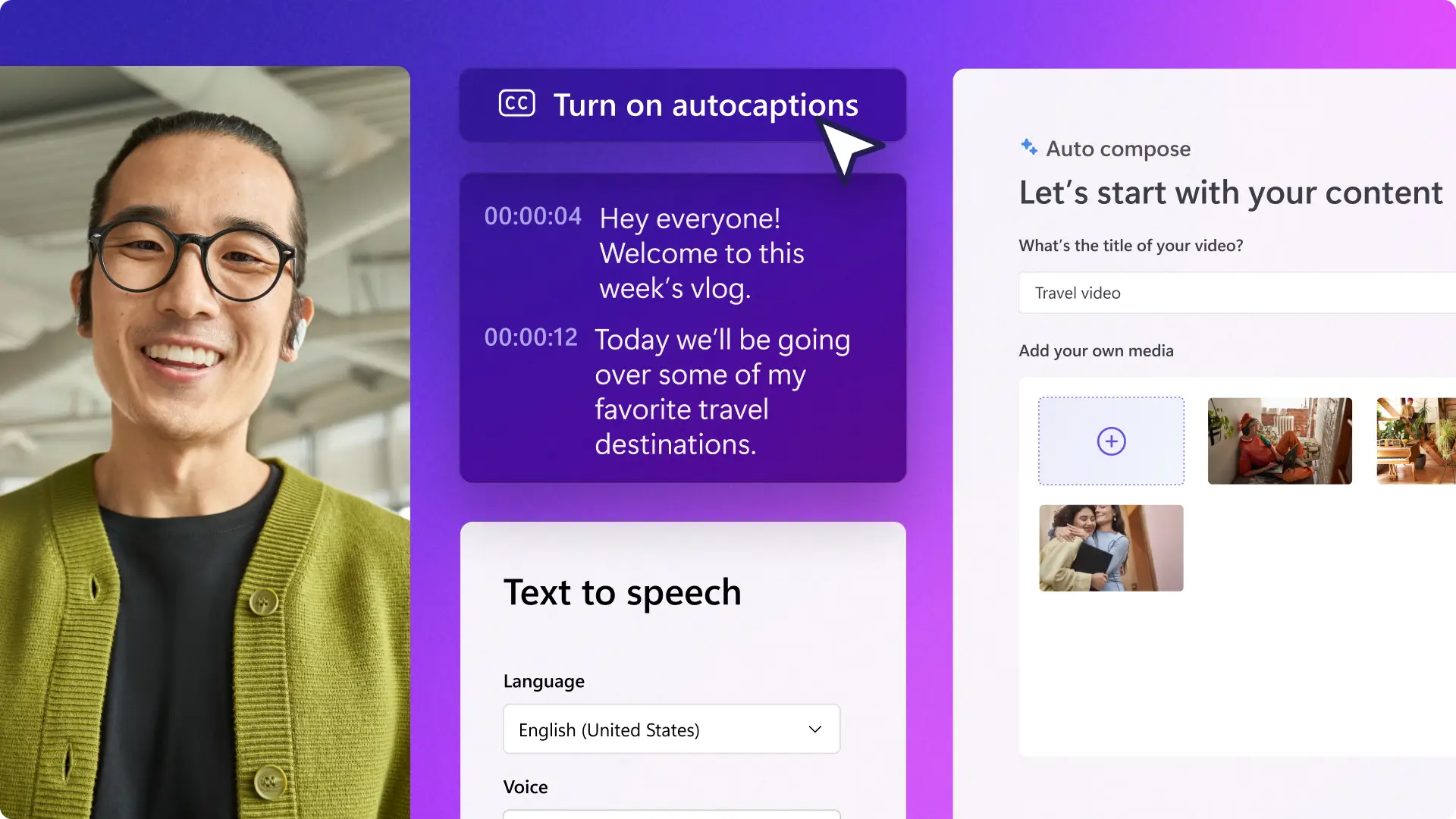 Clipchamp-тағы автоматты субтитрі бар ЖИ бейне өңдеу құралын алдын ала көру