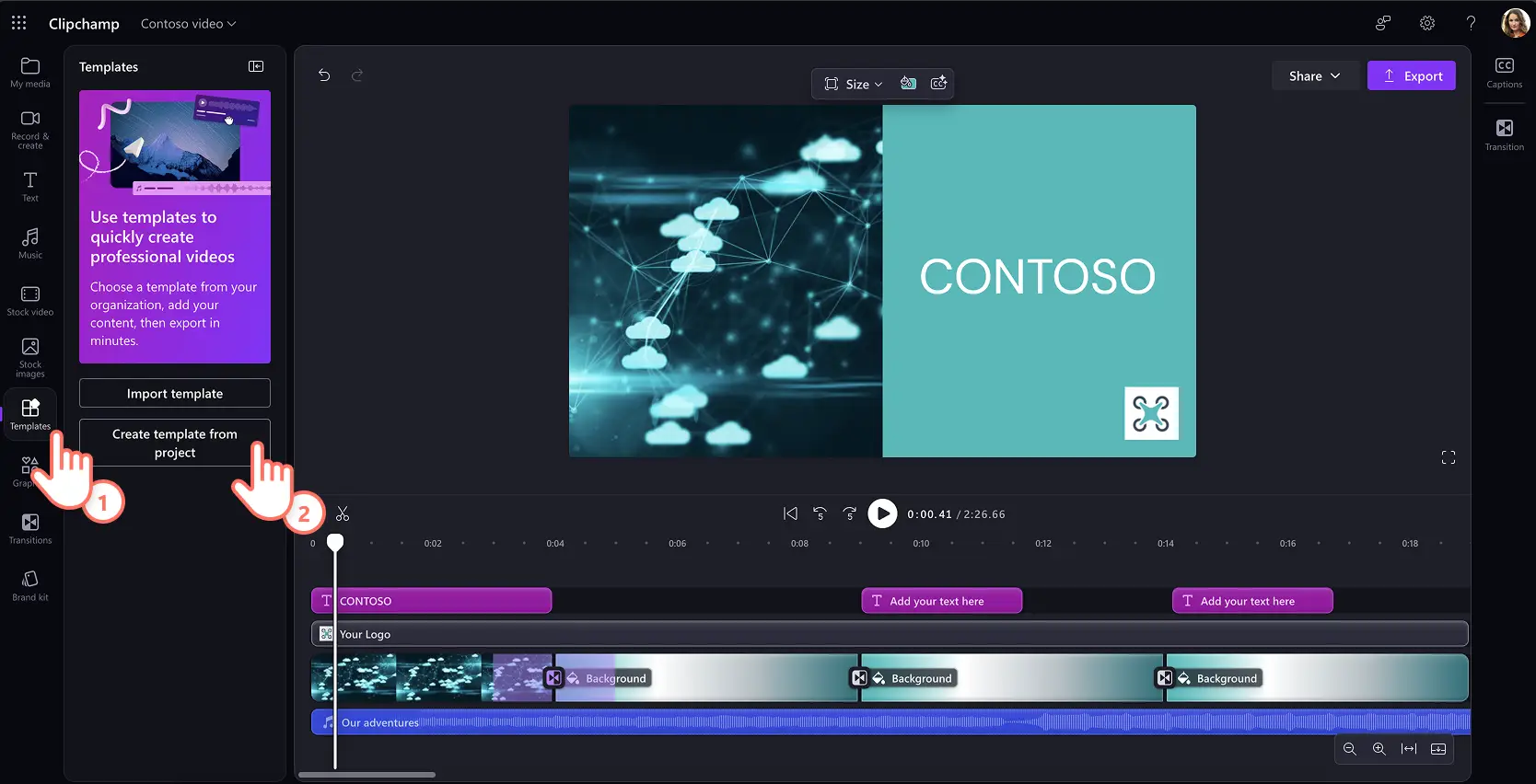 Seorang pengguna menukar projek video kepada templat video dalam Clipchamp