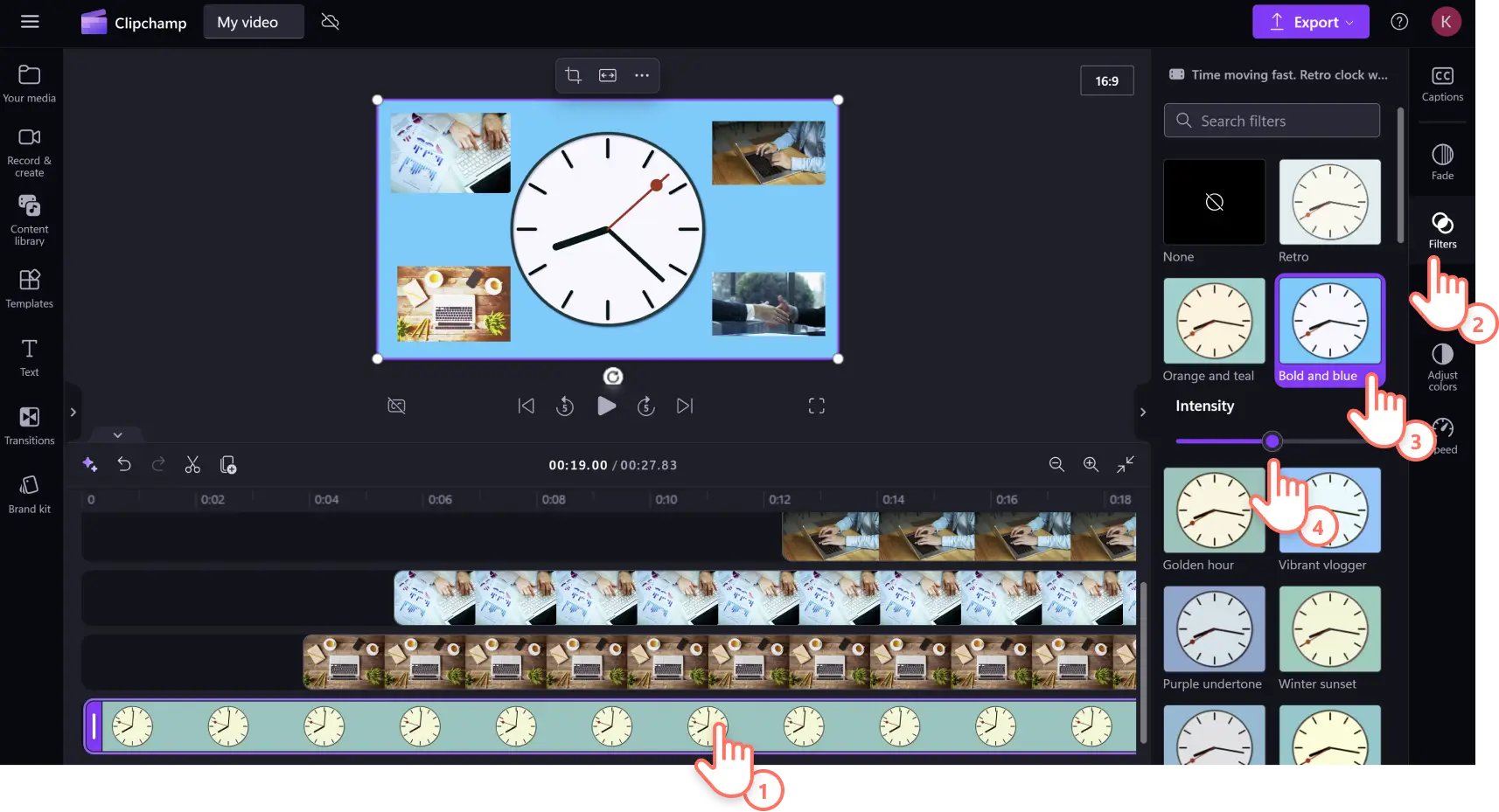 A user adding a filter to a stock video in Clipchamp.