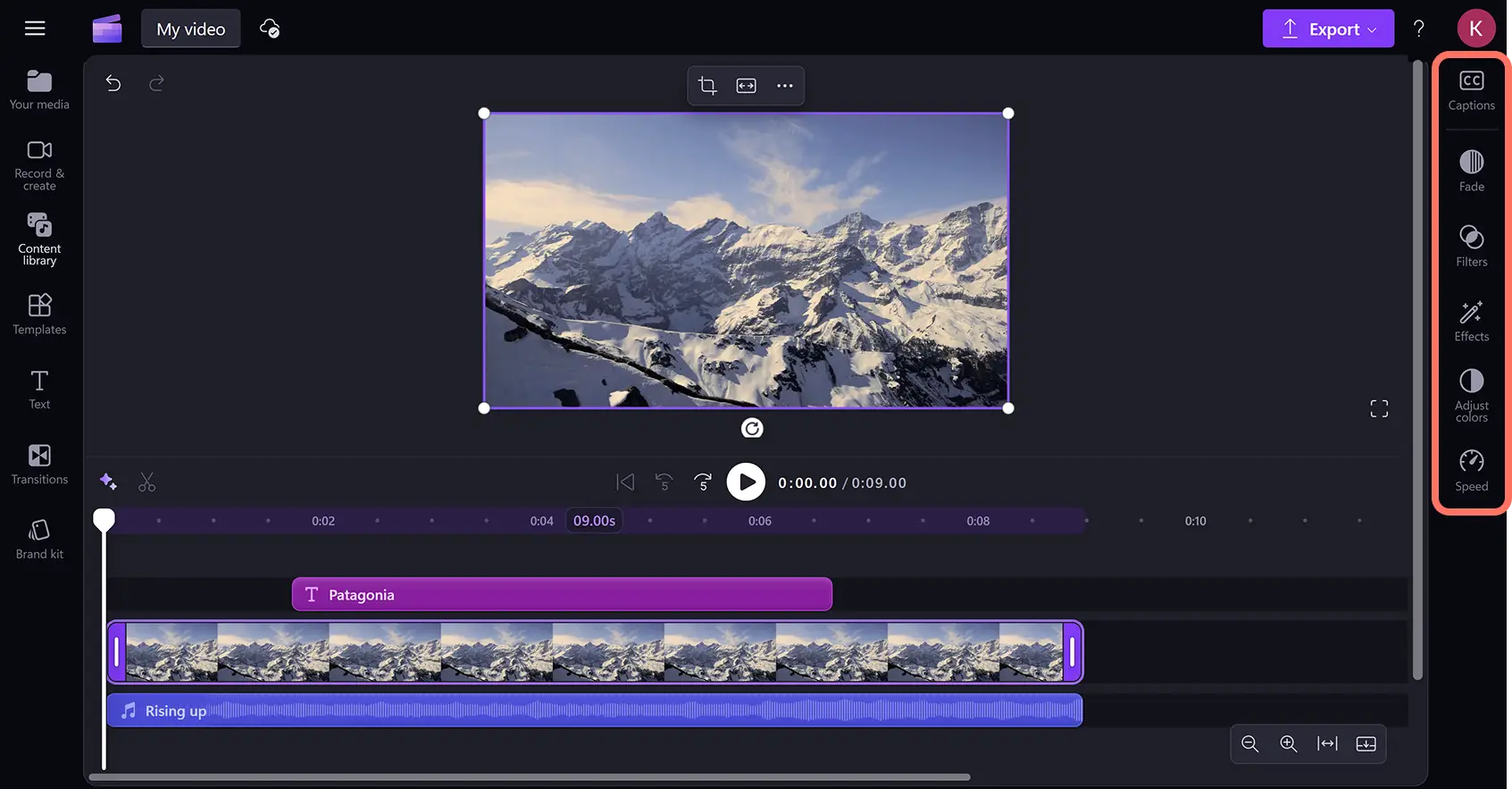 Clipchamp 视频编辑器右侧的属性面板。