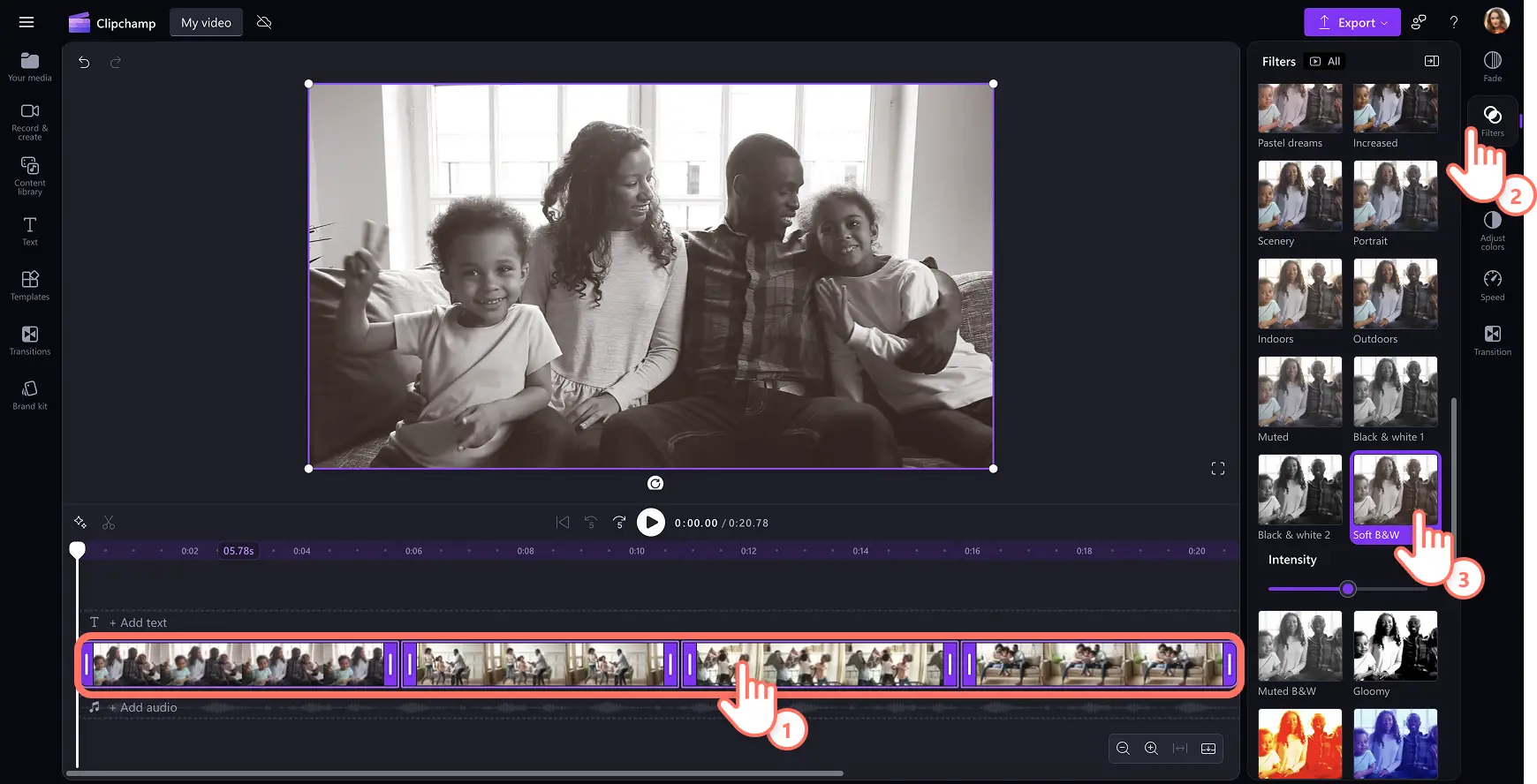Arraste o controle deslizante para ajustar a intensidade do filtro no Clipchamp